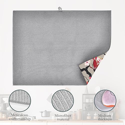 Miniatura 4 de Red Cardinal - Tapete de secado de platos con diseño de pájaro, diseño de flor de cerezo, tapete de microfibra ultra absorbente para encimera de