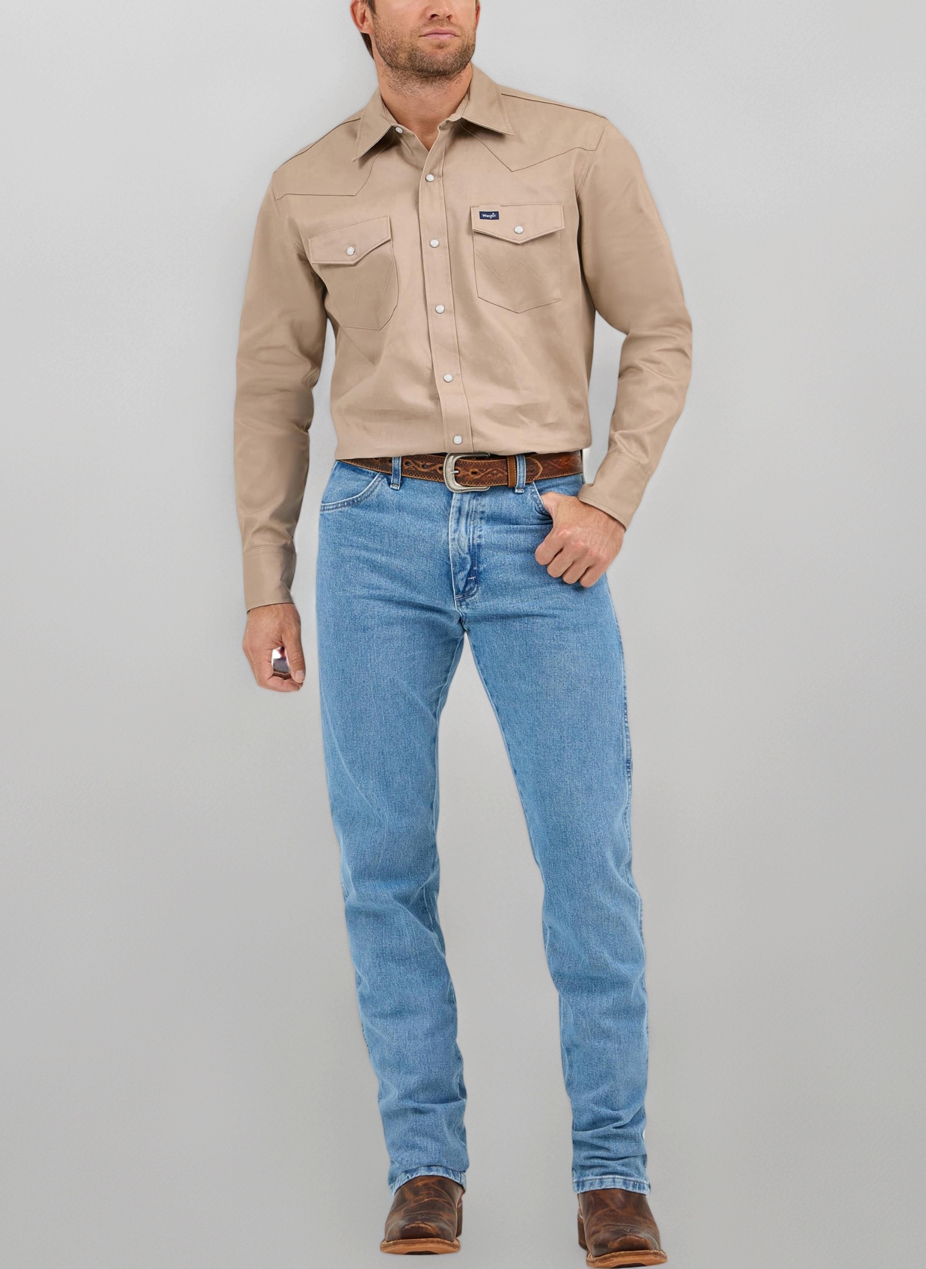 Wrangler Men's Cowboy Cut Western Long Sleeve Snap Work Shirt Washed Finish