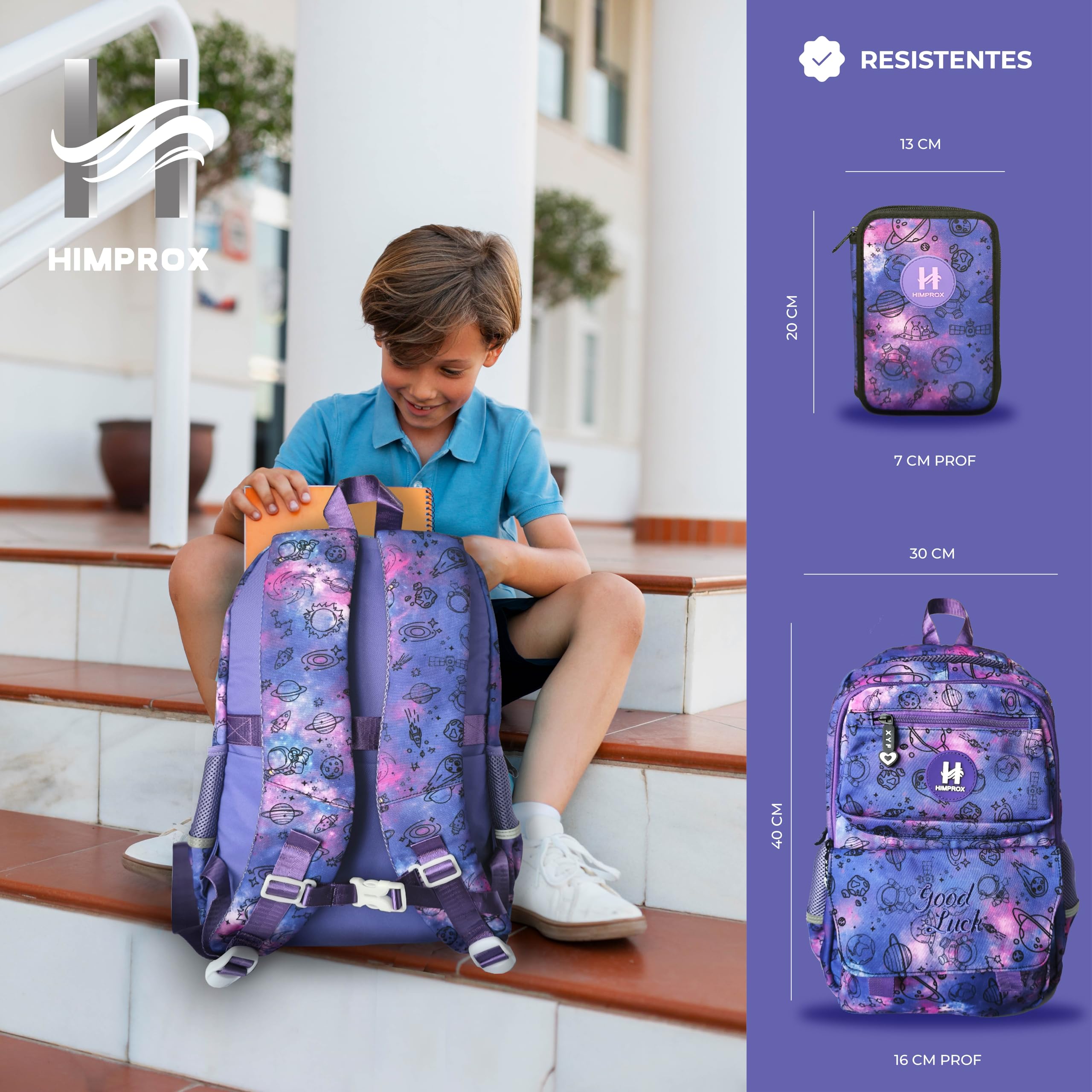 Pack Mochila Escolar Ergonómica, Diseño Galaxia, 30 x 40 cm, con Estuche Escolar y Material 46 Piezas