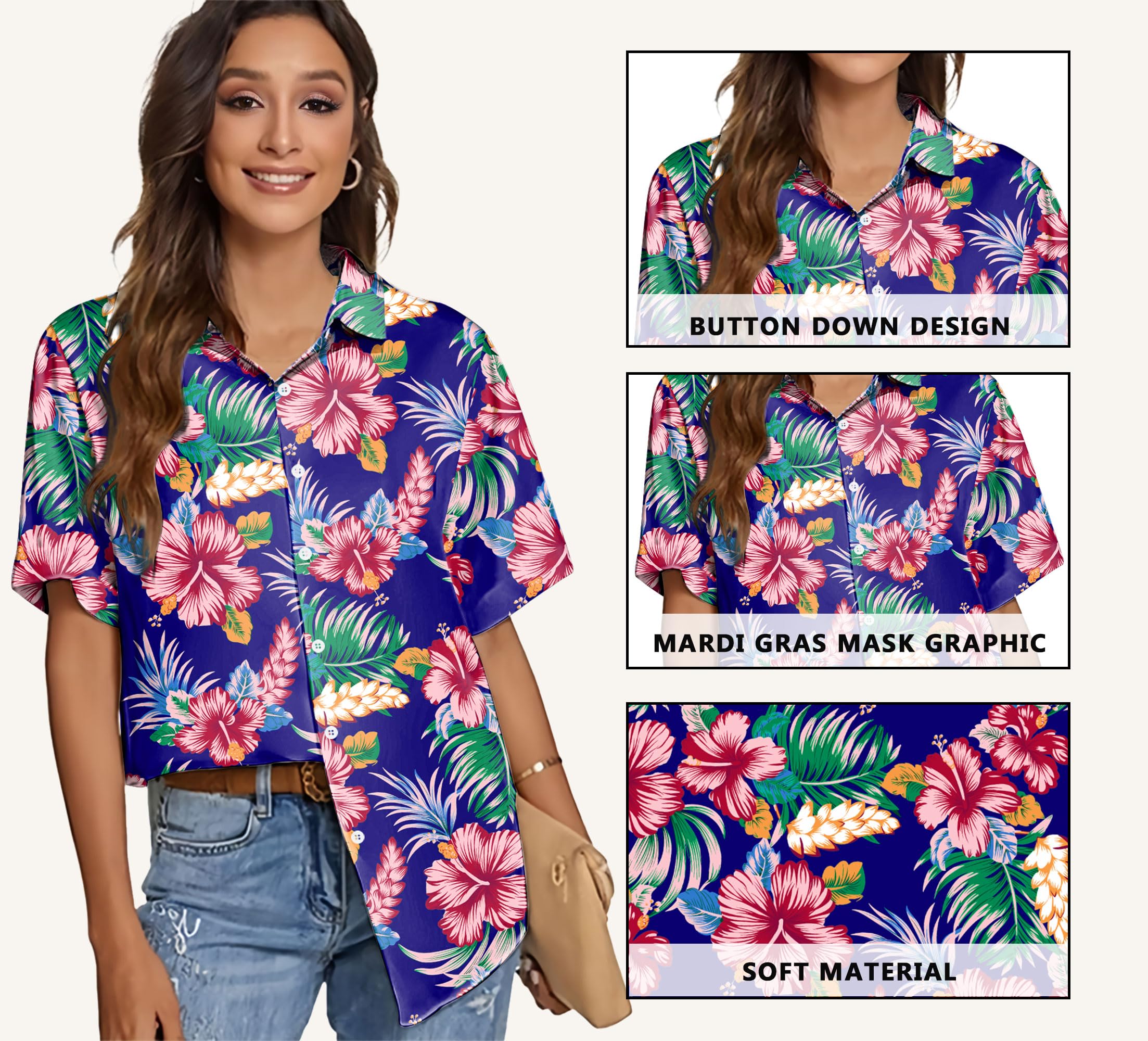 tiorhooe Camisas hawaianas para mujer, diseño de árbol tropical, de manga corta, con botones, para verano, playa, vacaciones