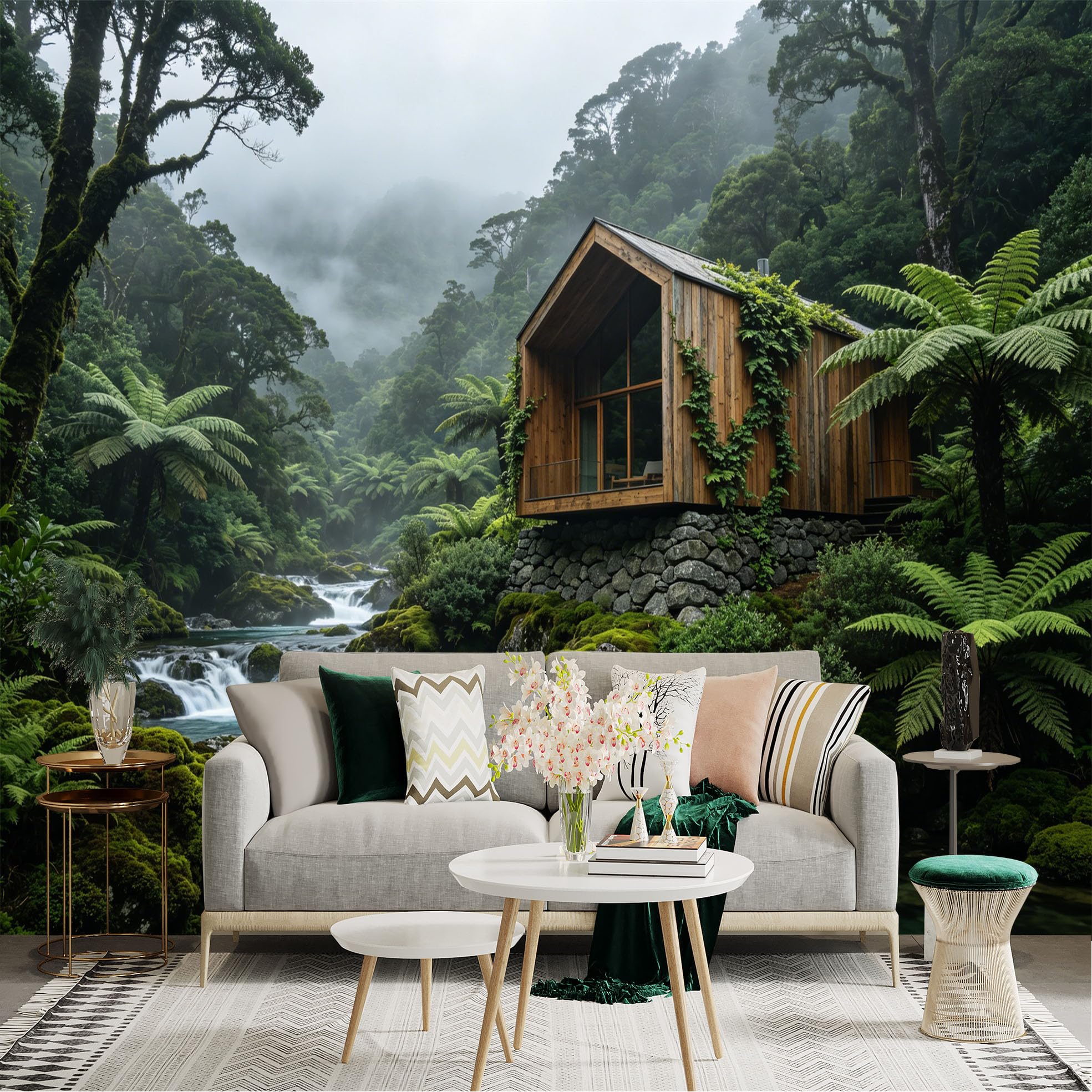 Custom Size Wall Sticker Mural， Wooden Cabin in Lush Forest with River and Waterfalls， for wall Decoration， peelandstick wall Decals.