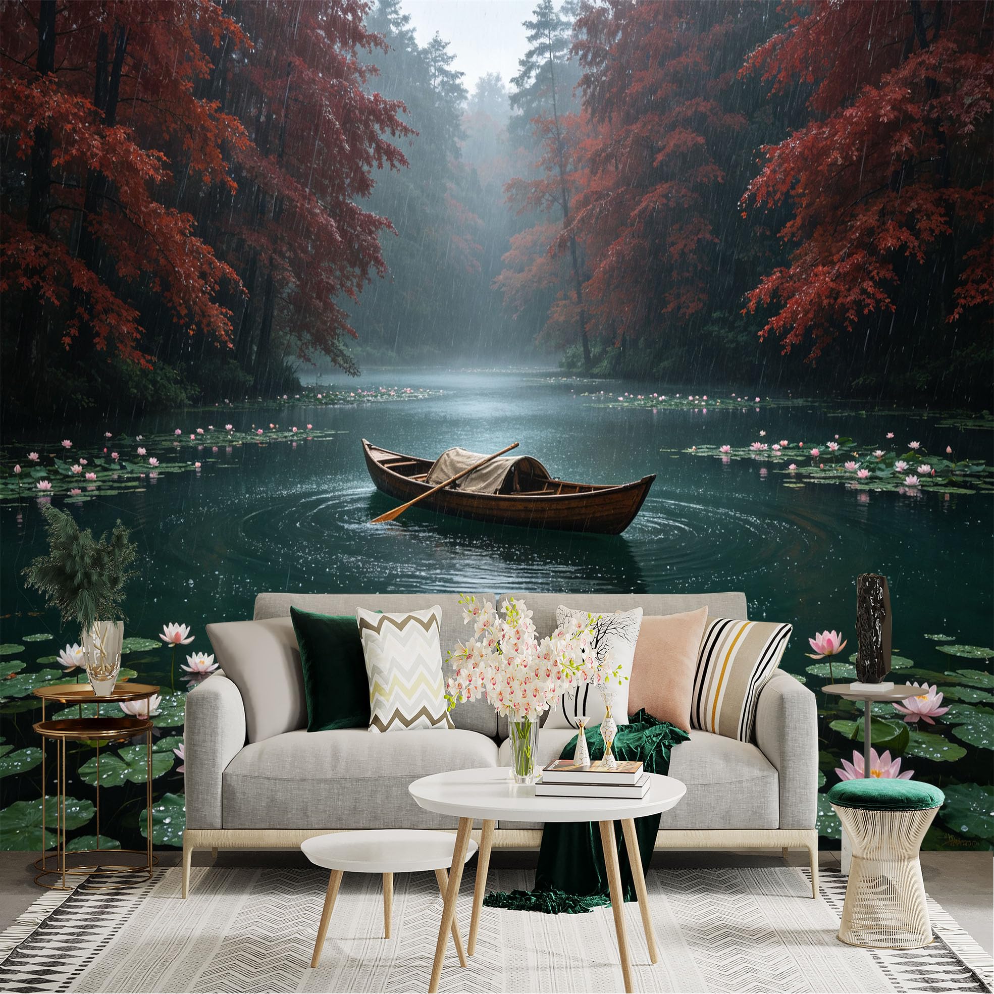 Custom Size Wall Sticker Mural， Wooden Boat on Misty Lake， Rainy Forest with Red Trees， Blooming Water Lilies， for wall Decoration， peelandstick wall Decals.