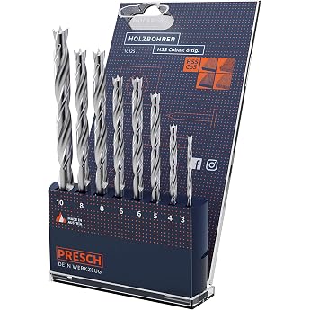 Presch Wood Drill Bit Set HSS Cobalt 8-Piece   High-Quality 5% Cobalt Alloy HSS Drill Bit for Wood for Drilling All Wood Types   Durable Professional Wood Twist Drill Bit Set   Diameter 3-10 mm