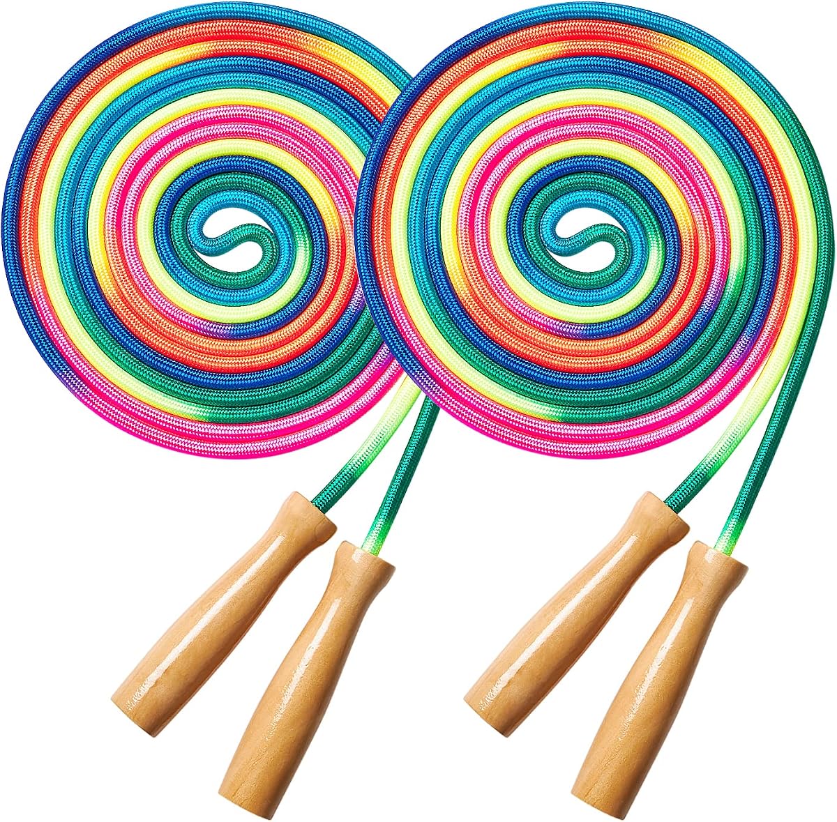 Cuerda de saltar larga holandesa doble - Paquete de 2 cuerdas para saltar de 16 pies para niños y adultos | Cuerda para saltar arcoíris para multijugador con mango de madera