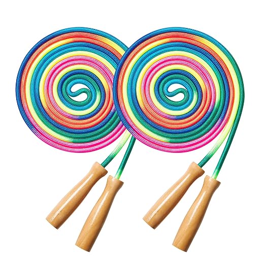 Double Dutch Long Jump rope - 16Ft 2 Pack Skipping Rope for Kids Adults, Rainbow Jumping Rope for Multiplayer with Wooden Handle