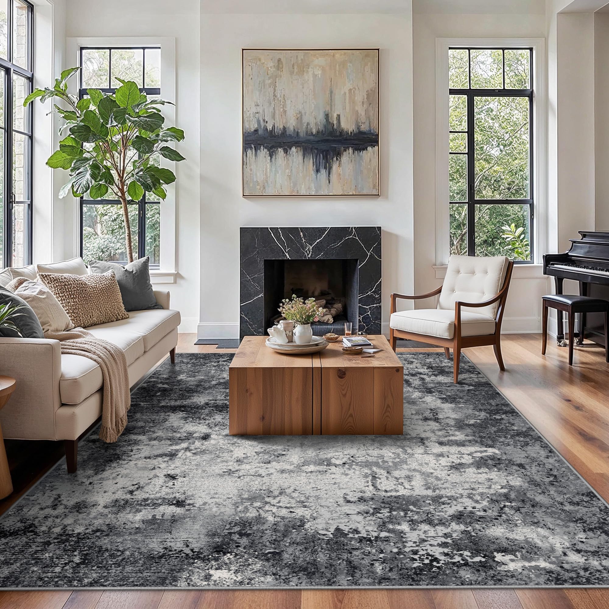GENIMO Washable Area Rugs for Living Room, 8x10 Modern Non Slip Rugs, Low Pile Lightweight Soft Print Rug for Bedroom, Dining Room, Home Office, Ink