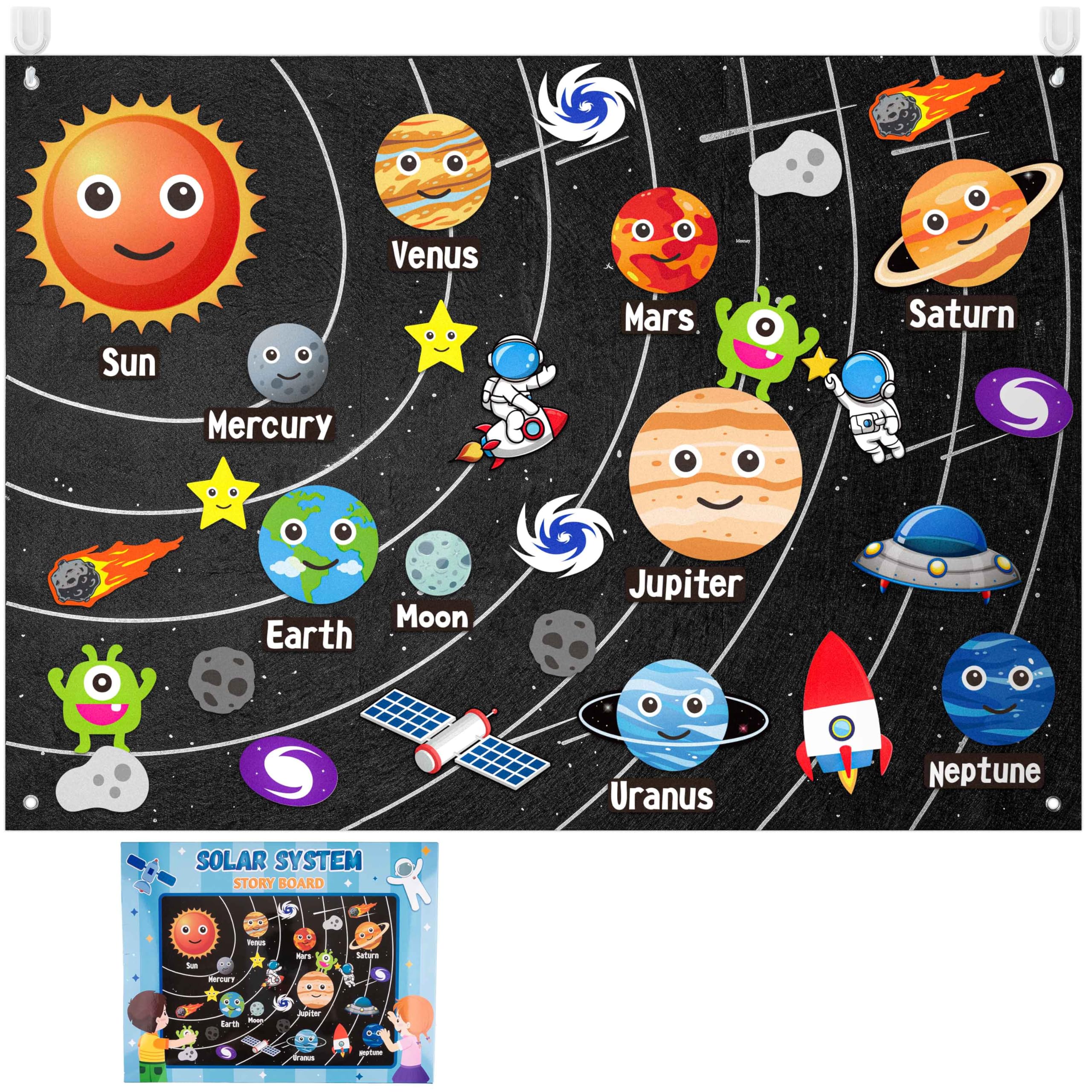 WATINC 44Pcs Outer Space Felt Story Board Set 3.5 Ft Solar System Universe Storytelling Flannel Interactive Play Kit with Hooks Astronaut Planets Alien Galaxy Reusable Wall Hanging Gift for Boys Girls
