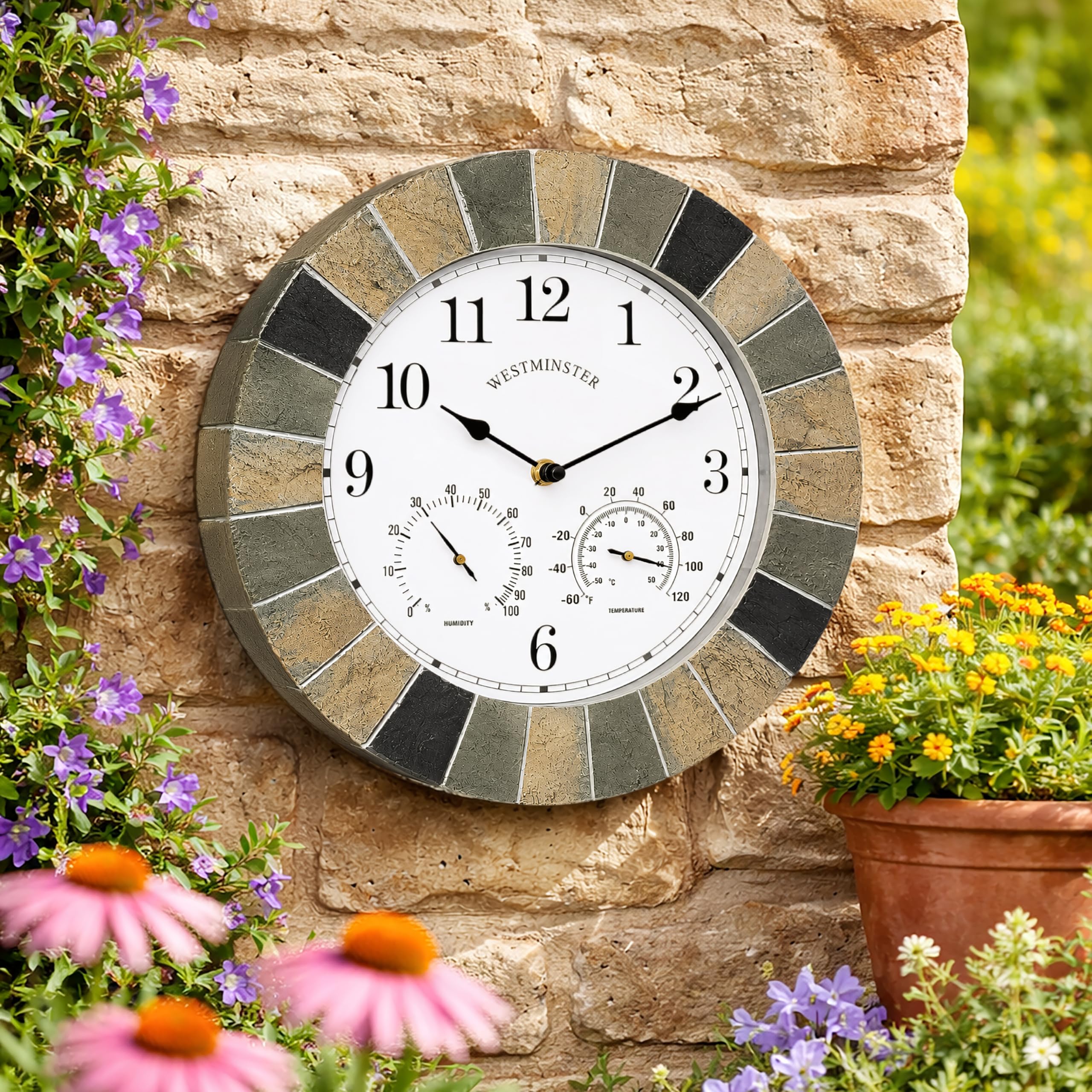 Homezone Westminster - Reloj de jardín y termómetro de 10 pulgadas, resistente al agua, duradero, decoración de jardín, para patio, cocina, sala de estar (reloj de pizarra de piedra)