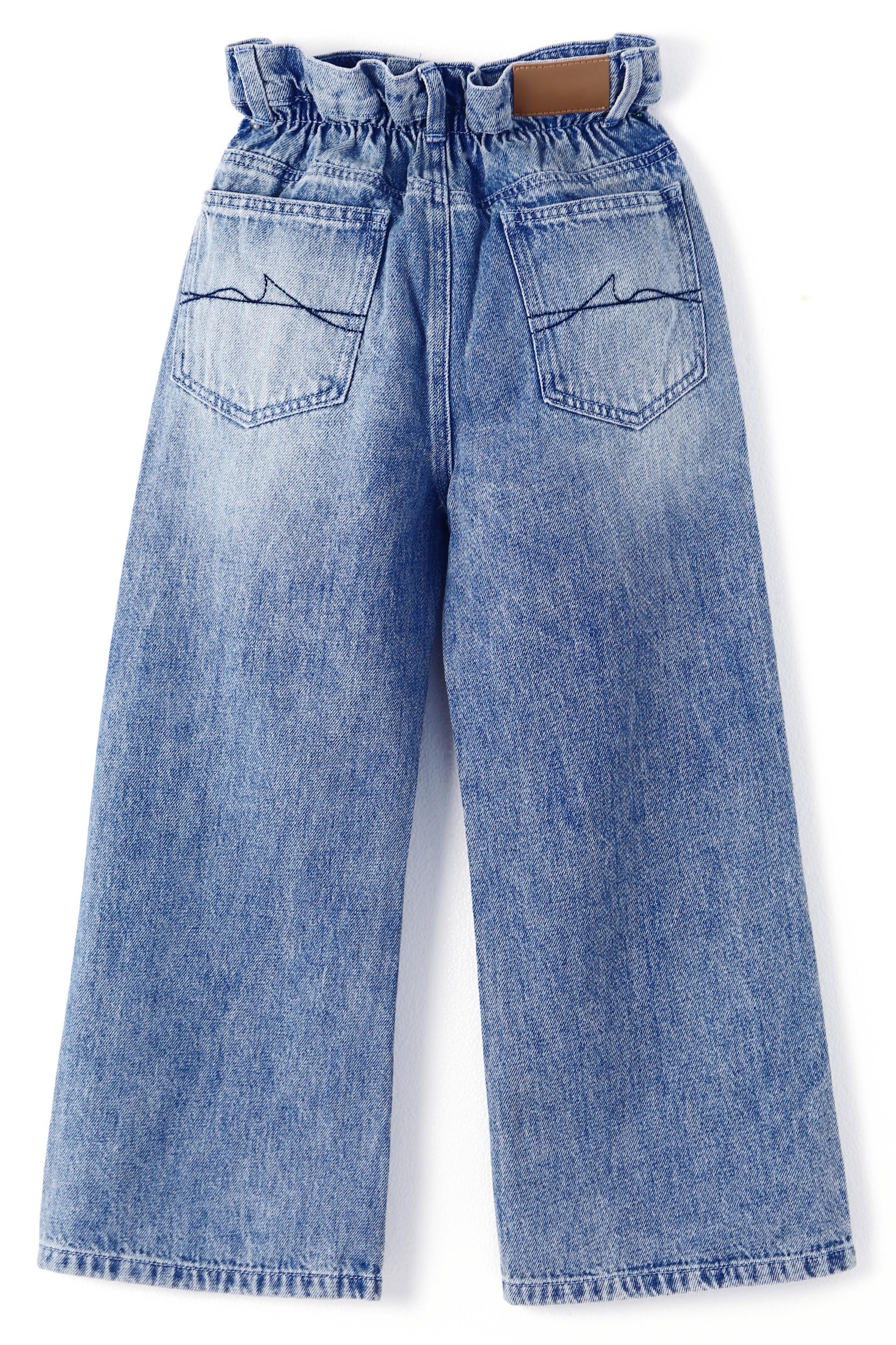 KIDSCOOL SPACE Jeans a gamba larga per ragazze, pantaloni in denim con elastico in vita a fiore di loto increspato
