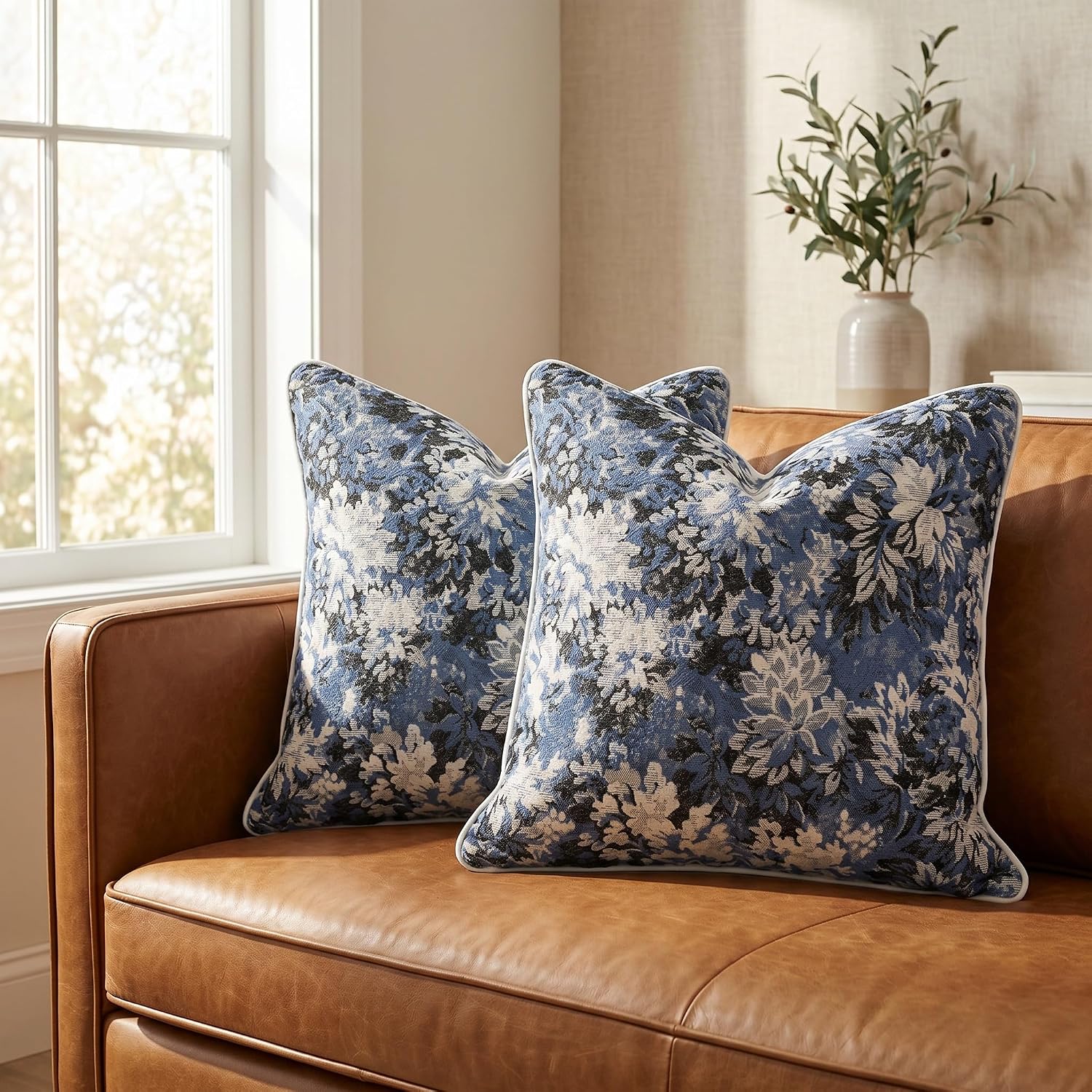 Vintage Floral Throw Pillow Covers 18x18 Inches Set of 2 Boho Farmhouse Pillow Cases Premium Chenille Textured Decorative Cushion Covers for Couch Retro Garden Farmhouse Style Blue