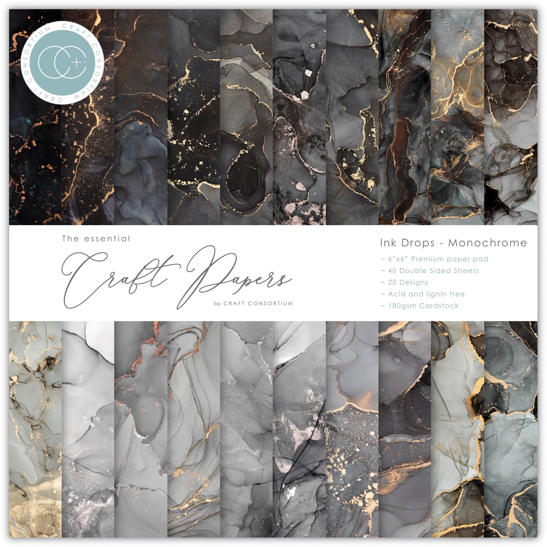 Craft Consortium Double-Sided Paper Pad 6"X6" 40/Pkg-Ink Drops Monochrome, 20 Designs -CPAD021B
