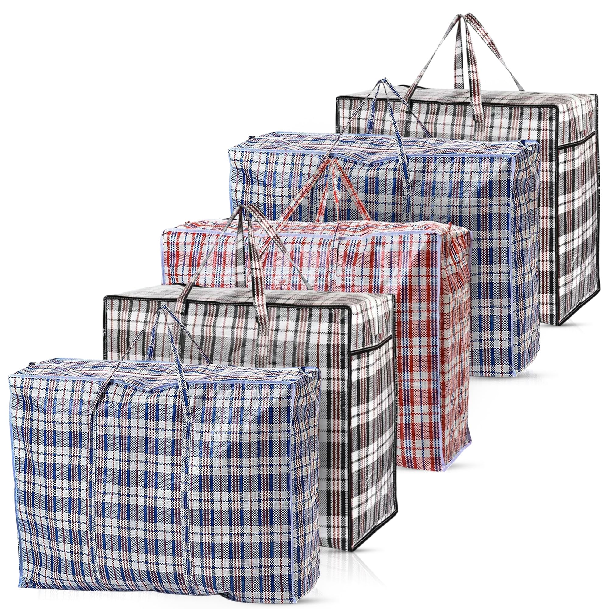 PDS Pack of 5 Extra Large Storage Laundry Shopping Bag - Travel Laundry Tote Bag - Nylon Checkered Strong Waterproof Reusable Bags with Zipper and Handles - Perfect for Laundry, Moving, Shopping (5)