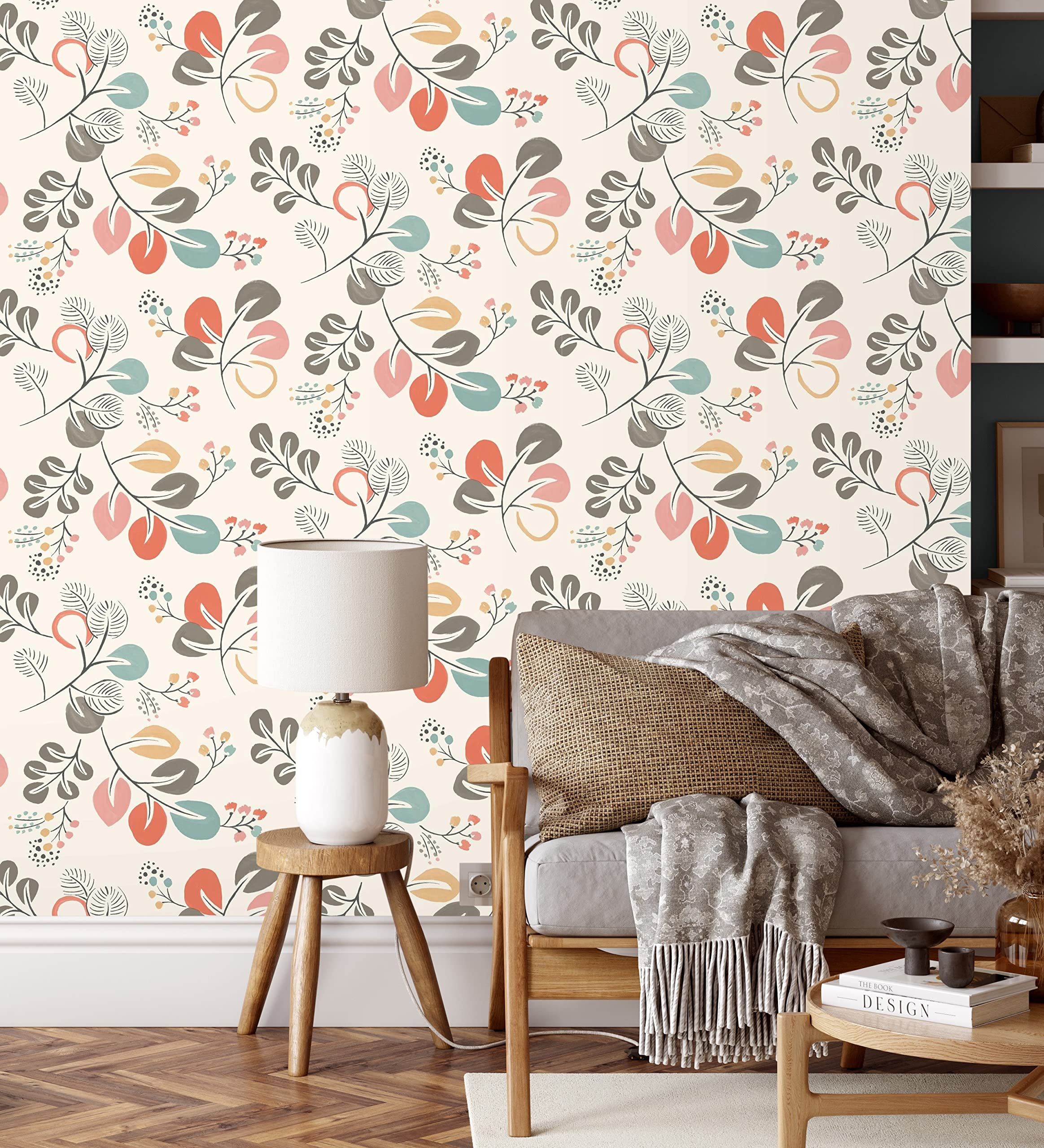 GAULAN 679414 - Papel pintado vinílico ecológico de hojas de estilo nórdico tonos coral para pared salón cocina baño dormitorio mueble - Rollo de 10 m x 0,53 m