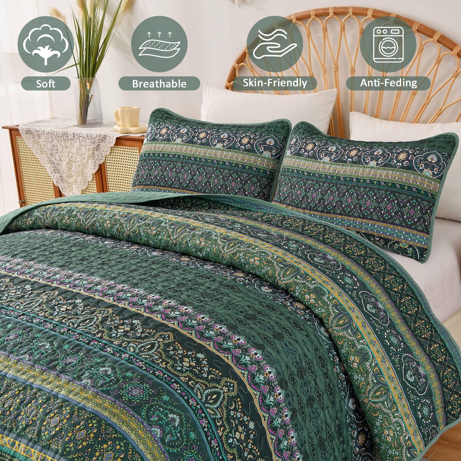 WONGS BEDDING Bohema narzuta na łóżko królewskie, boho, wzór w paski, pikowana narzuta na łóżko na każdą porę roku, miękka kołdra z mikrofibry, rozmiar king size, 240 x 260 cm
