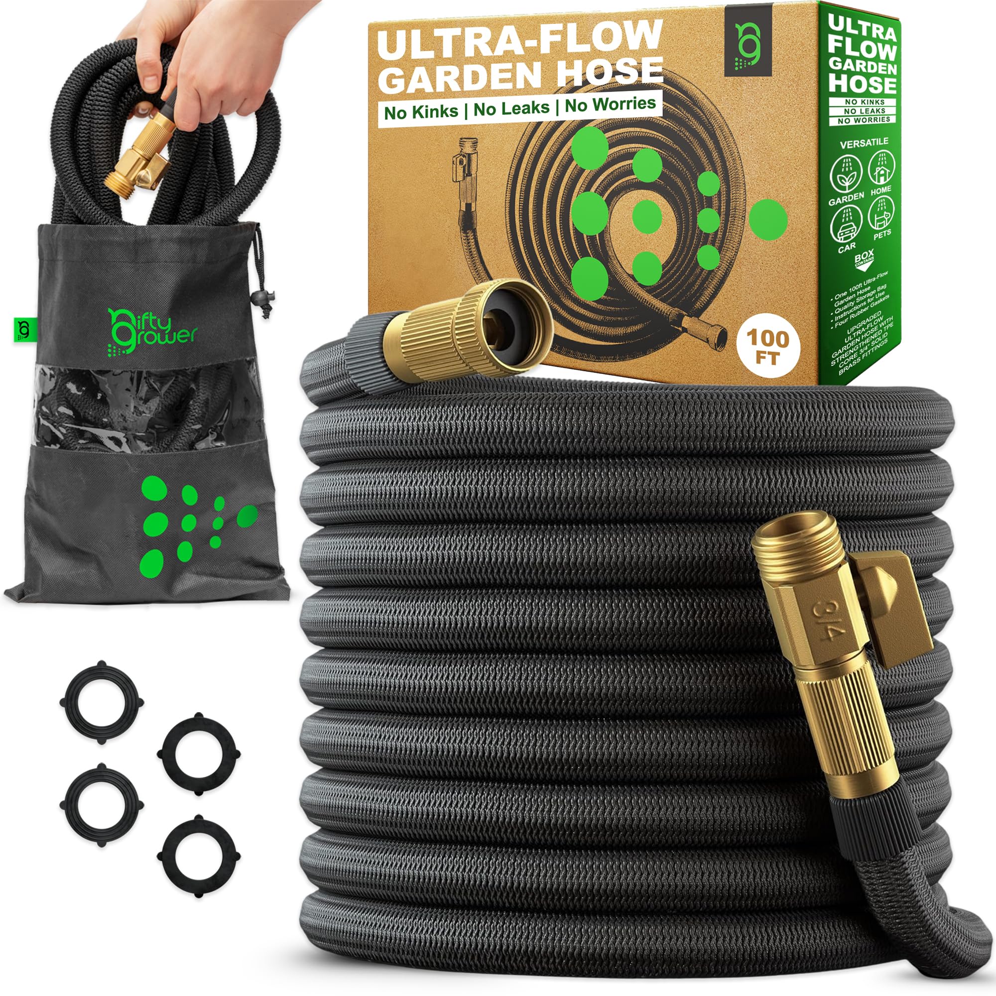 Ultra-Flow Garden Hose 100 FT, No-Kink and Leak-Proof Heavy-Duty Flexible Water Hose 100FT with Reinforced TPE Core, 3/4" Solid Brass Fittings, Non-Expandable Manguera Para Jardin, Built to Last