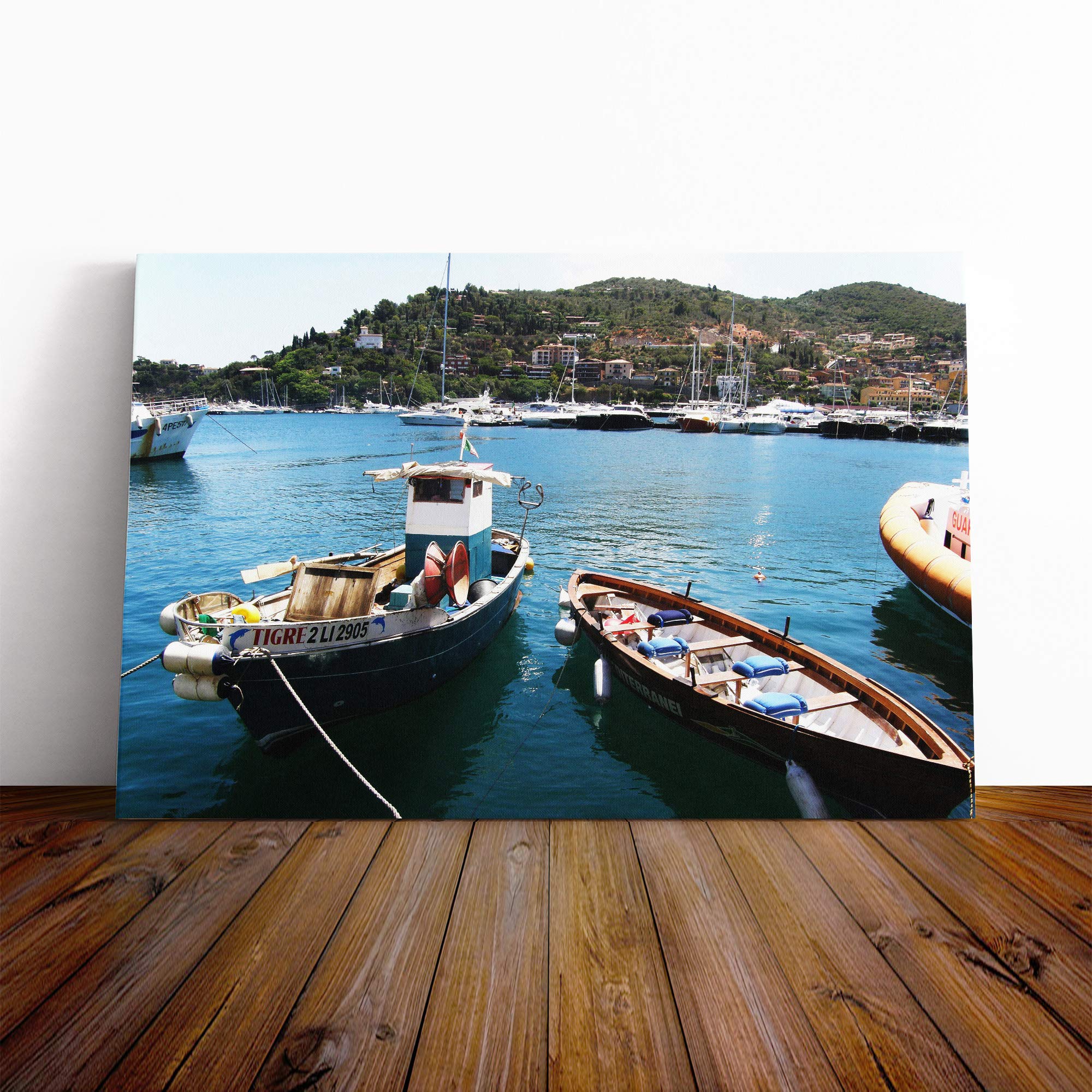 Fishing Boat Tuscany Italy Canvas Print | Gallery Wrapped 30mm Frame Wall Art | 24x16 inches | Ready to Hang | Modern Seascape Picture | Living Room Bedroom Lounge Office