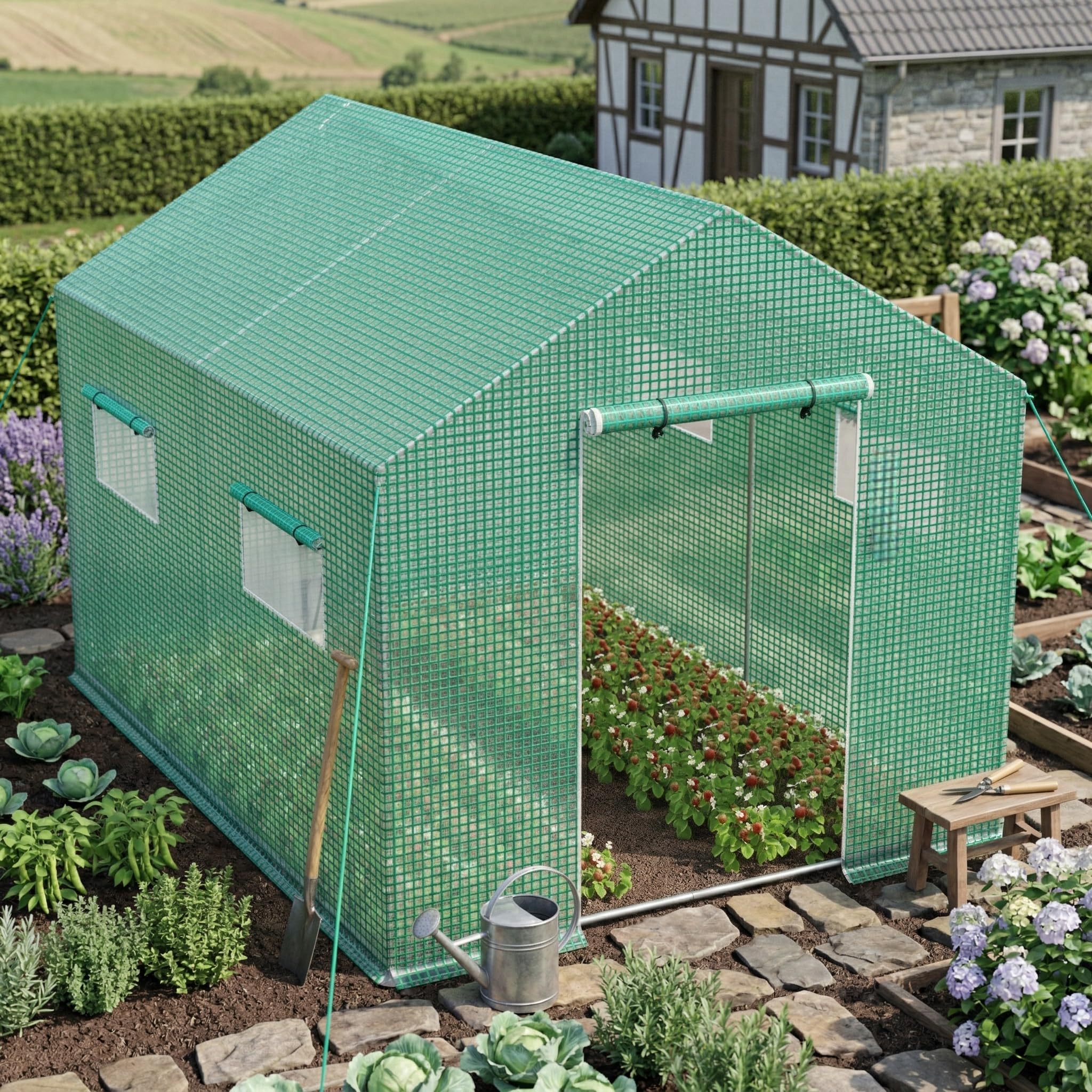 Froadp Gewächshaus Begehbar 3x2x2m, Foliengewächshaus Garten mit Verzinktem Stahlrahmen, UV-beständige PE Folie, Tomatenhaus mit Fenstern & Tür, Pflanzengewächshaus für Gemüse, Tomaten & Blumen