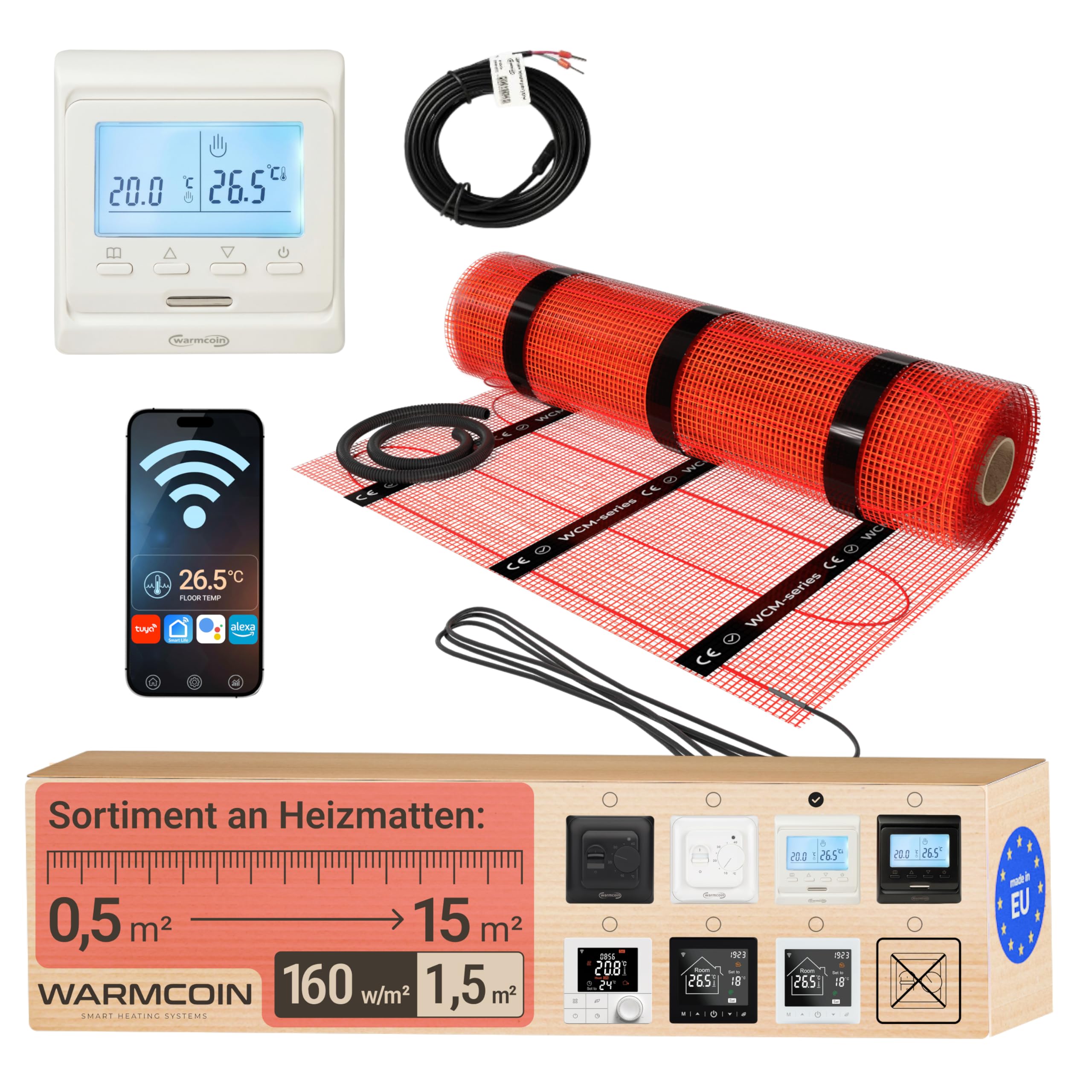 Riscaldamento a pavimento elettrico completo 160 W/m² – Tappetino riscaldante autoadesivo per piastrelle, laminato, vinile e parquet – 1,5 m² (0,5 x 3 m) – Incl. termostato Wi-Fi W51 bianco