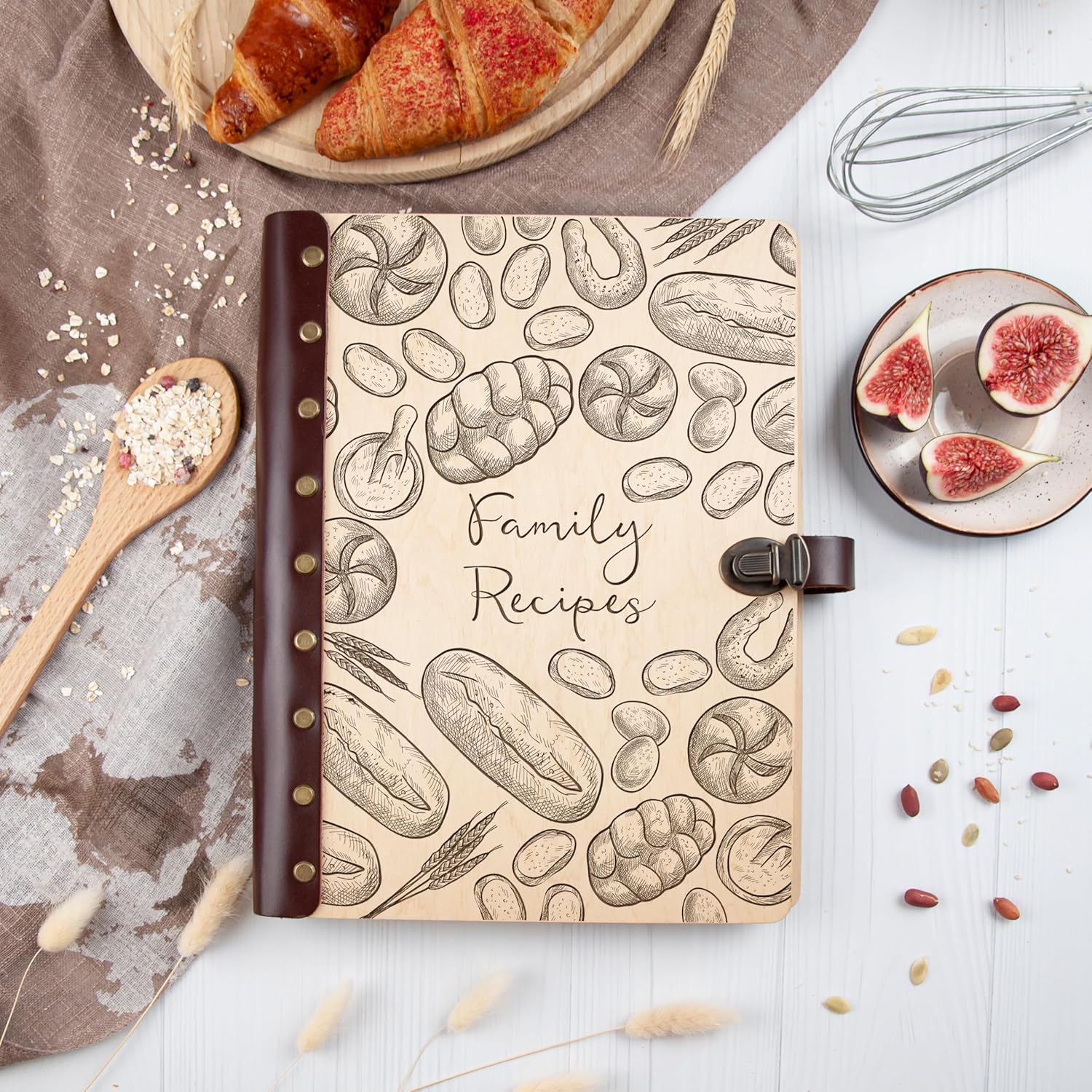 Wooden Recipe Book with Flowers Custom Blank Recipe Binder Family Cookbook Kitchen Journal Notebook Gift for Mom, Daughter, Wife, Sister