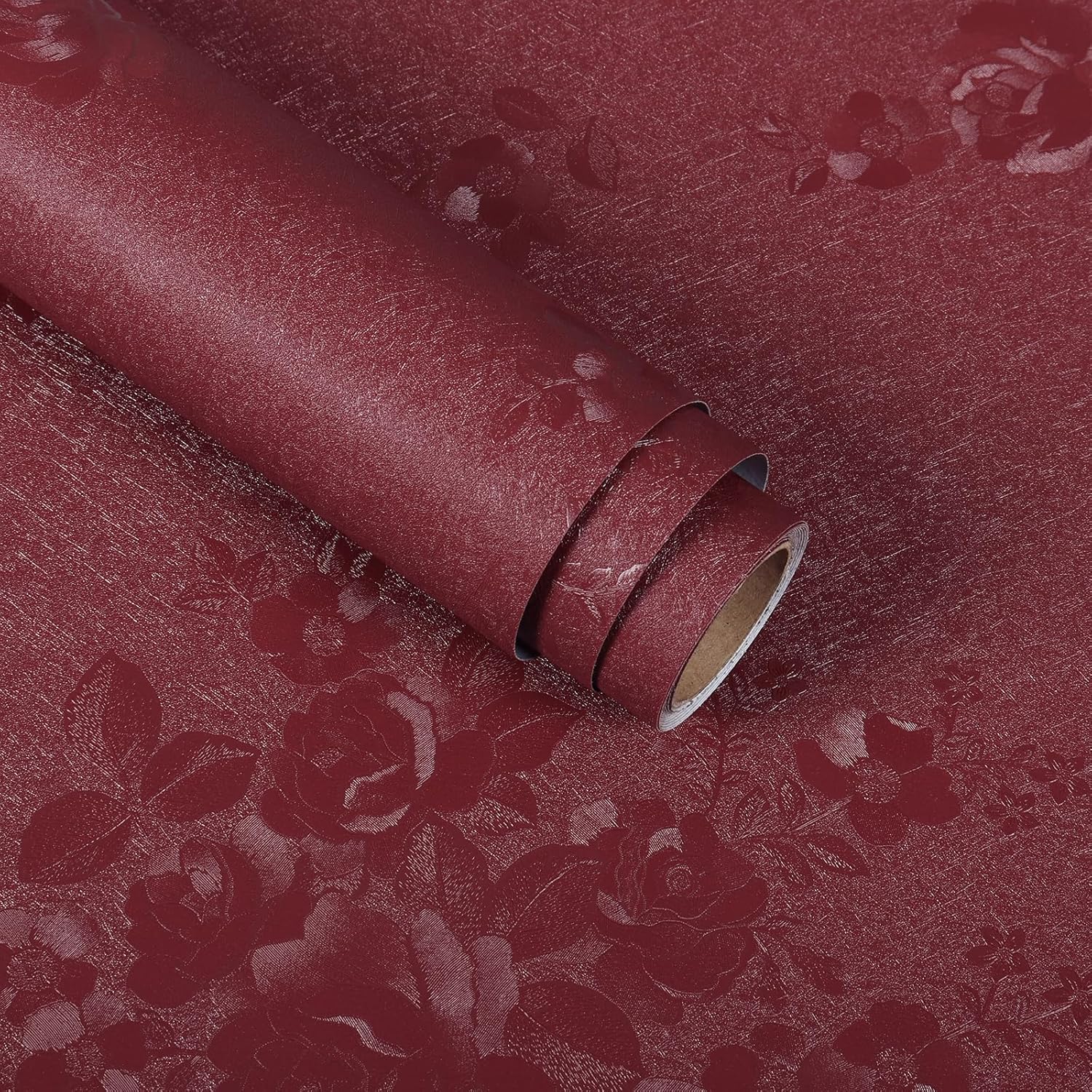 VaryStyle 15.7"x393" Vintage Dark Red Peel and Stick Wallpaper Textured Silk Embossed Wallpaper for Living Room Apartment Renter Friendly Waterproof Vinyl Roll Red Contact Paper for Drawer Shelf Liner