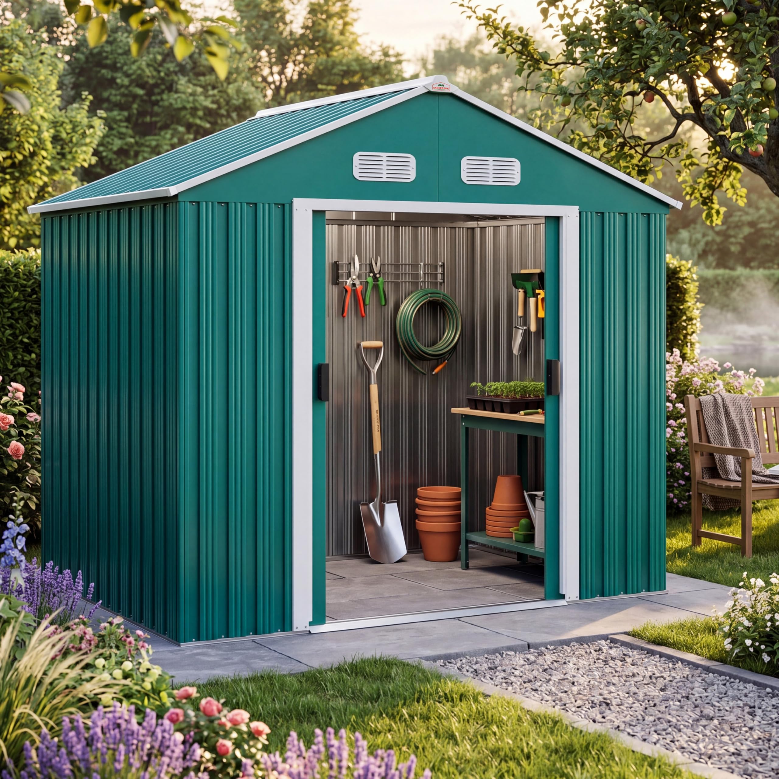 GARDEBRUK® 6x4ft Metal Garden Shed with Foundation, Outdoor Storage for Garden Furniture, Apex Roof, Bike Shed with Sliding Door, Galvanised Steel Shed for Garden Tools, 200x135x190cm, Green