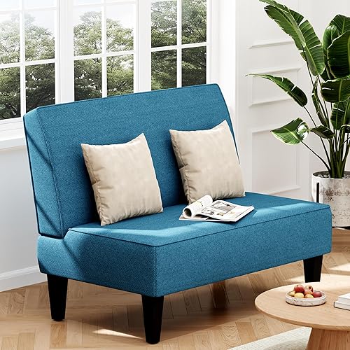Miniatura 8 de Acolchado Lino sin brazo settee Loveseat sofá Home informal sala dormidor, Tela, Azul