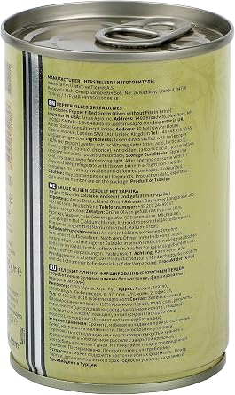 The Mill Pepper Filled Green Olive Tin - Strained Weight: 300 g - 361-400 pieces/kg - Seedless - Pickled - Northern Aegean Region Olives - Rich in Vitamins and Antioxidants - Suitable for Vegans