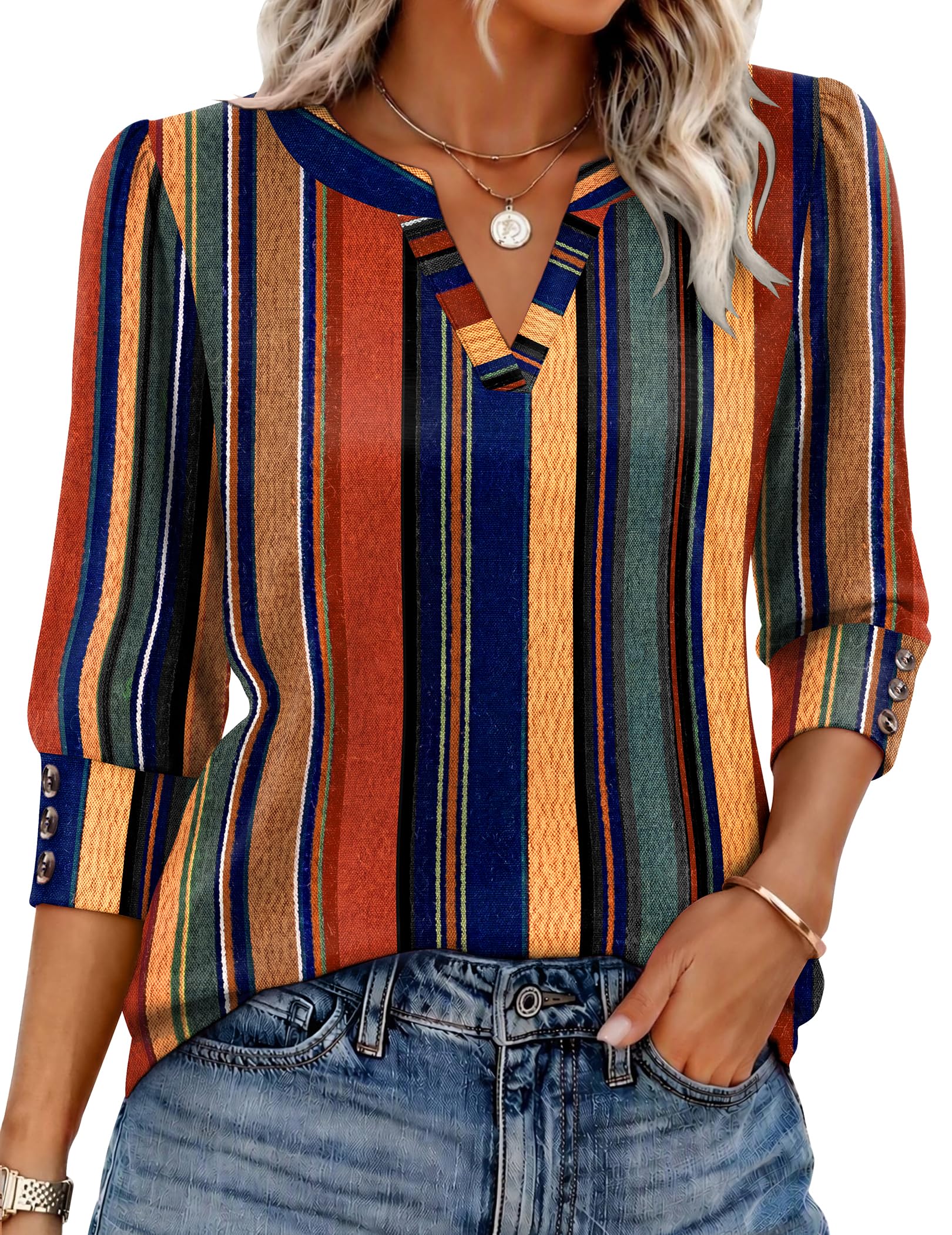 Ekouaer 3/4 Sleeve Tops Women V Neck T Shirts Dressy Casual Blouses | Basic tees with decorative button cuffs, soft lightweight fabric, dressy enough for work, going out and early fall outfits