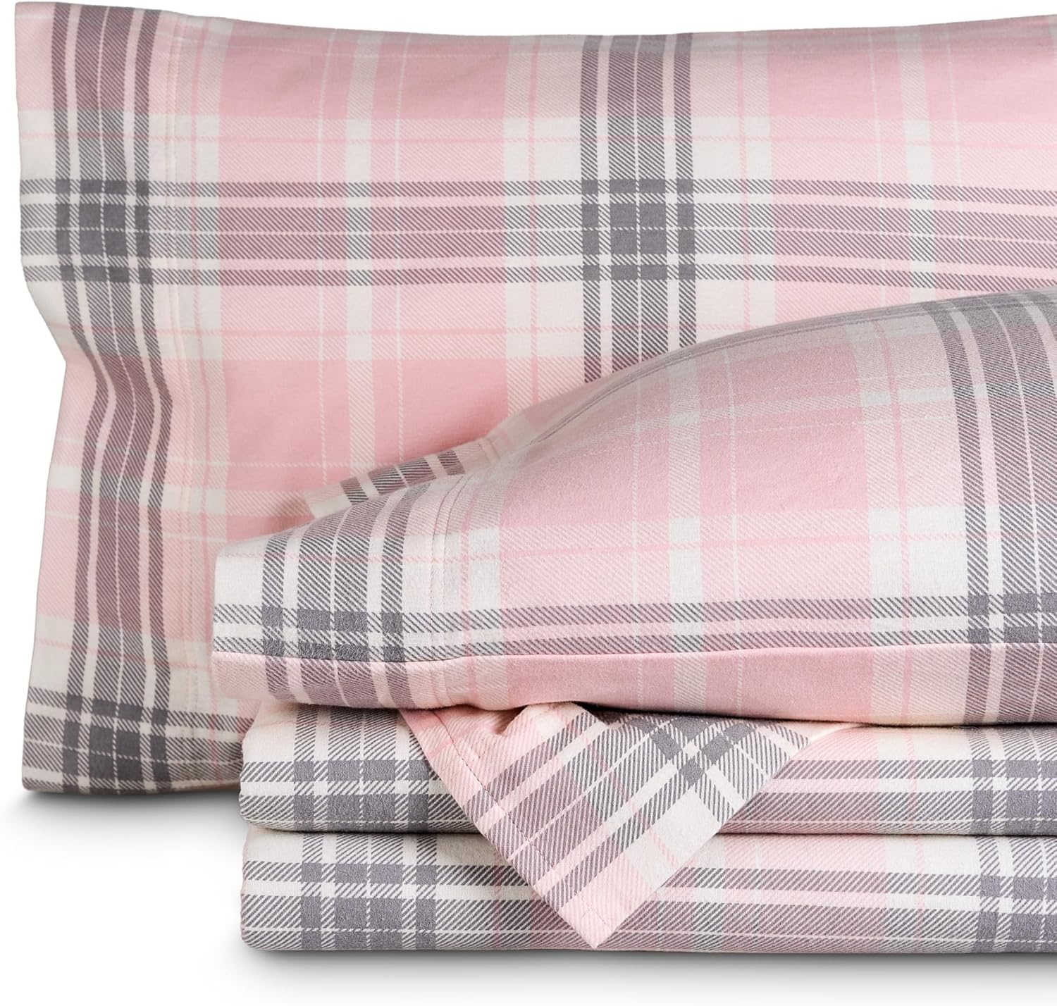 Bare Home Flannel Sheet Set Prints, 100% Cotton, Velvety Soft Heavyweight - Double Brushed Flannel - Deep Pocket (Queen, Aurora Plaid - Pink)