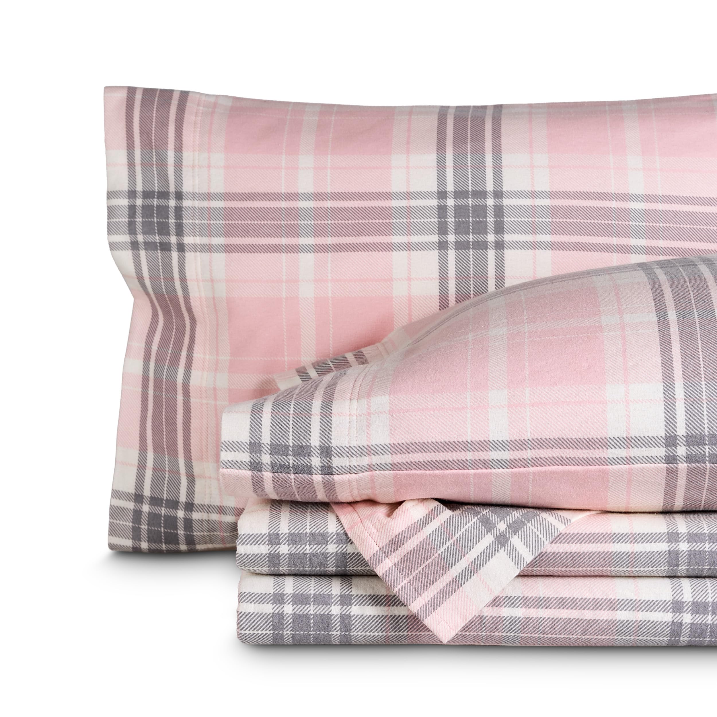 Bare Home Flannel Sheet Set Prints, 100% Cotton, Velvety Soft Heavyweight - Double Brushed Flannel - Deep Pocket (Twin XL, Aurora Plaid - Pink)