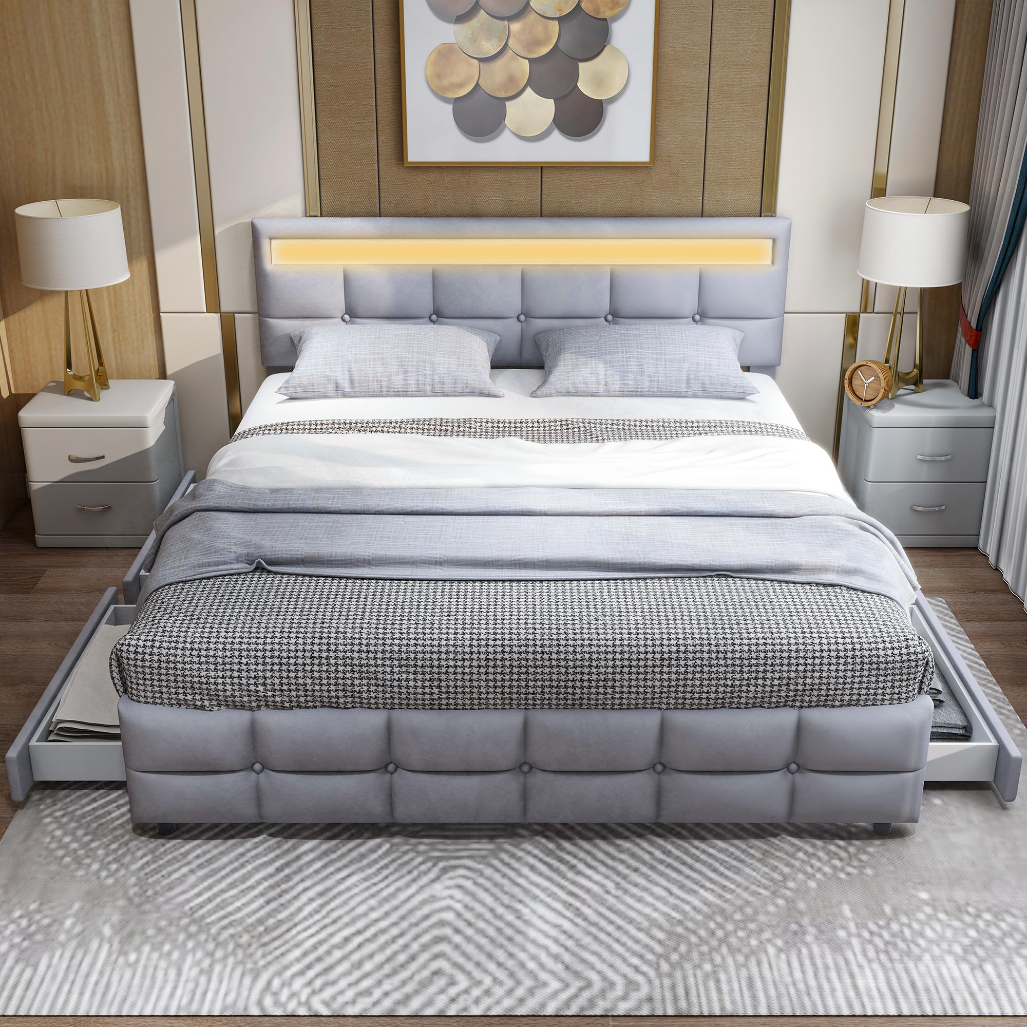 Sapgaks Lit 180 x 200 Avec Sommier à Lattes, Coffre Tiroirs, Cadre LED, Capitonné Avec Dossier, 2 Personnes Avec Rangement, Double, Pour Adultes Velours, Gris