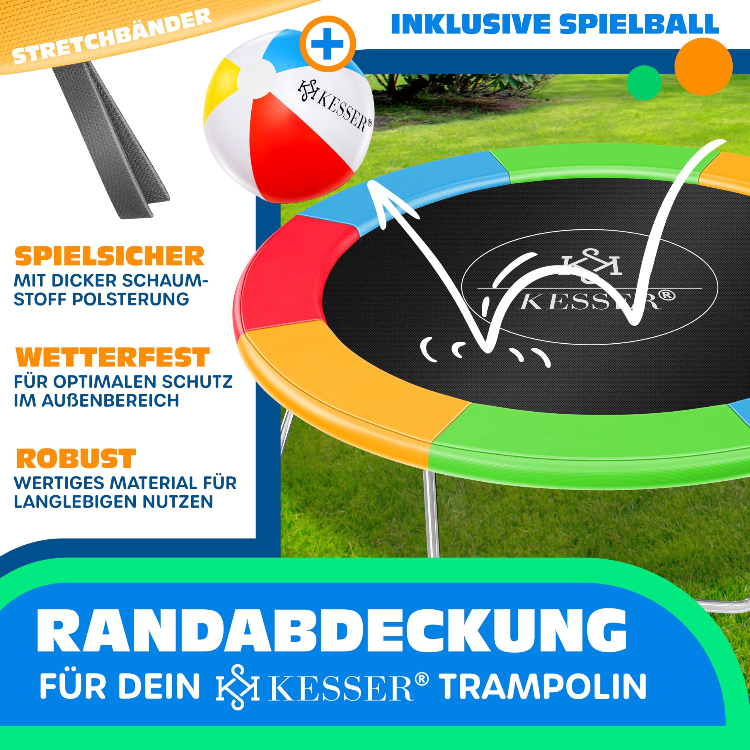 KESSER Housse de protection pour trampoline Ø 366 cm, largeur 30 cm, 100 % résistant aux UV, anti-déchirure, avec ballon de plage multicolore