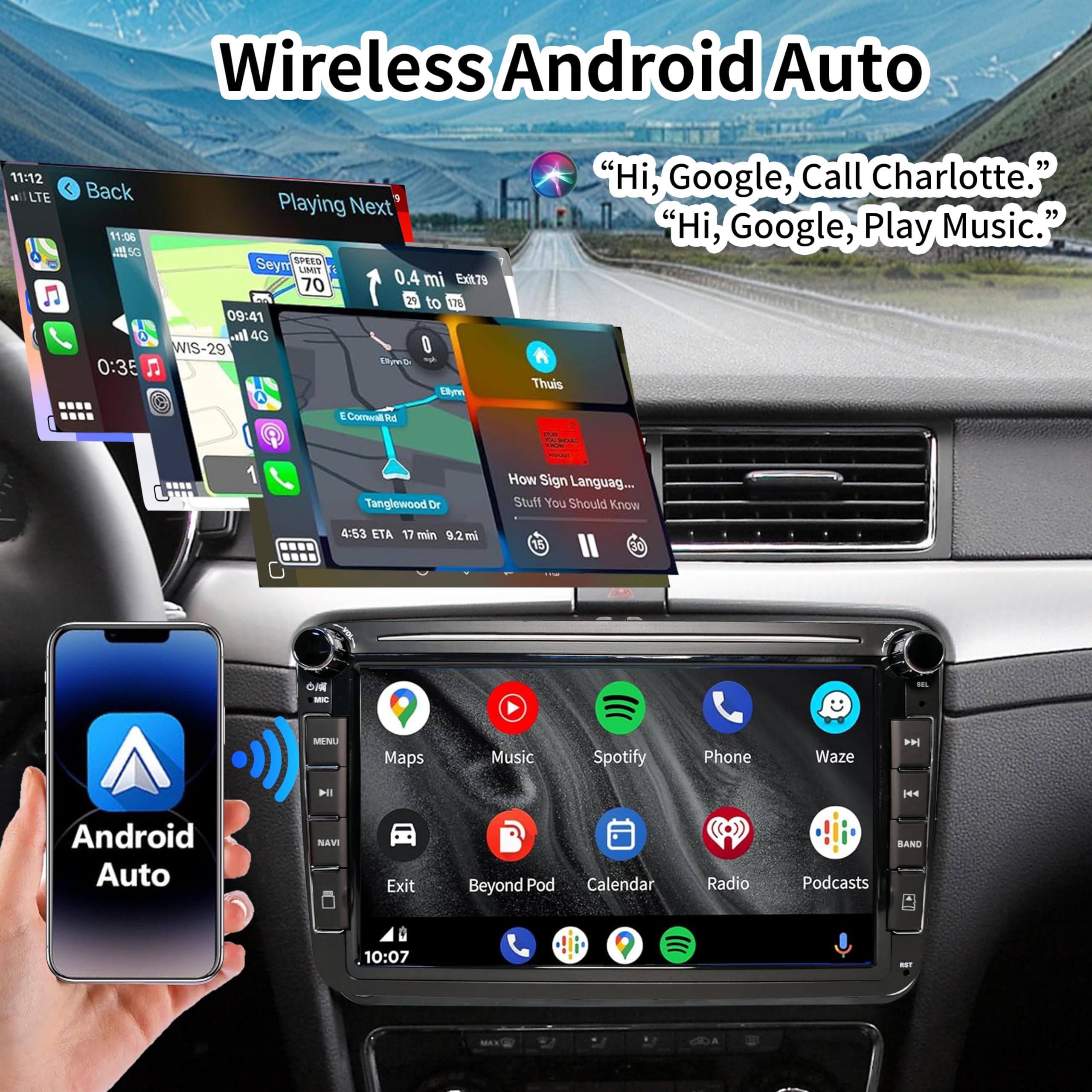 CarPlay Autoradio pour VW Golf 5 6 Passat Jetta Caddy Polo CC Tiguan EOS Touran T5 Skoda, 8 Pouces sans Fil Carplay & Android Auto, Puissance élevée/Bluetooth/FM/AM Radio/USB/DSP/RDS/SWC