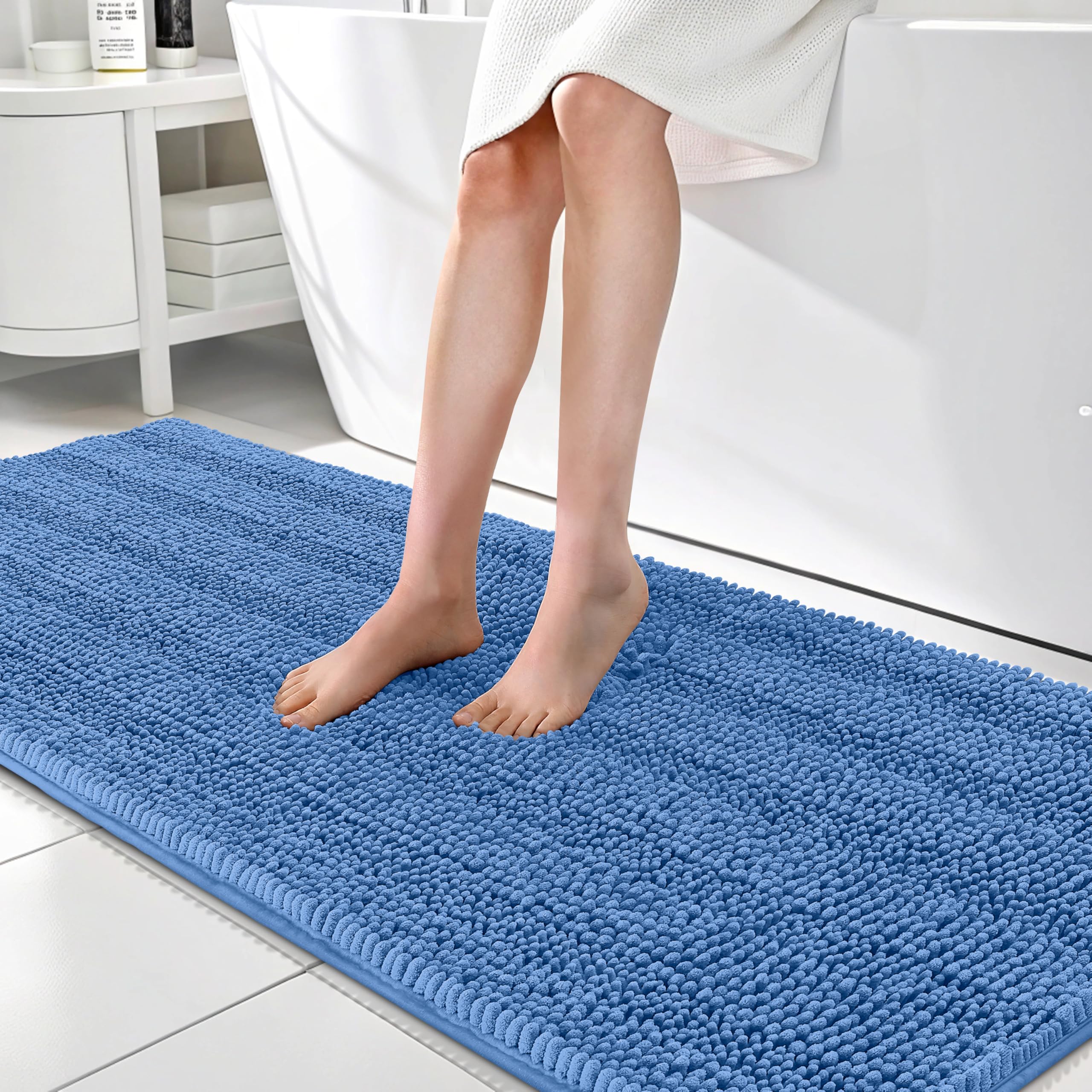 OLANLY Bathroom Runner Rugs 70x24, Soft Chenille Bath Rugs, Cornflower Blue