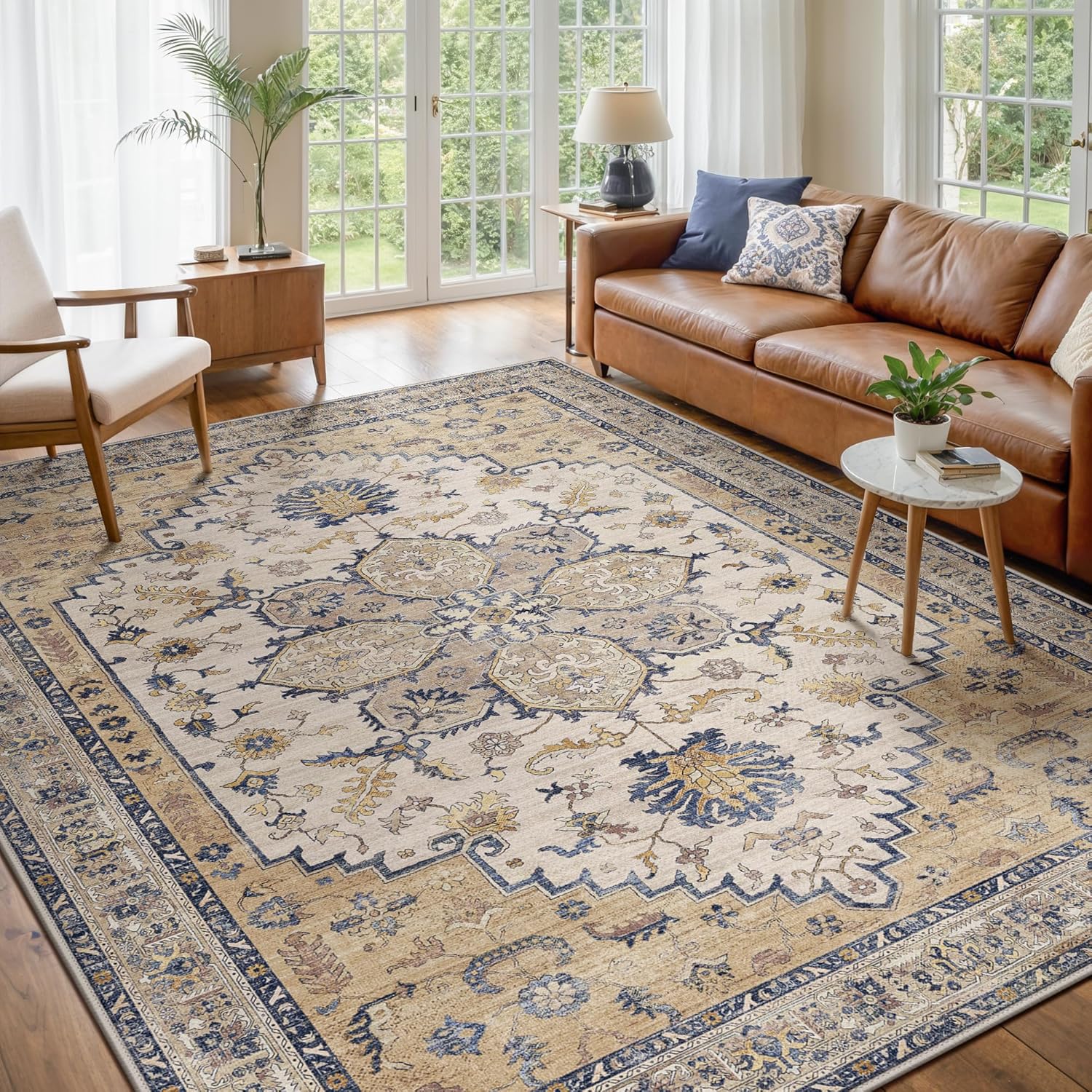 GENIMO 8X10 Area Rugs for Living Room, Machine Washable Vintage Floor Cover Foldable Modern Non Slip Rug? Low Pile Soft Indoor Carpet Floral Print Mat Rug,Bedroom/Dining Room/Home Office,Beige 8' x 10' (Rectangular) Beige