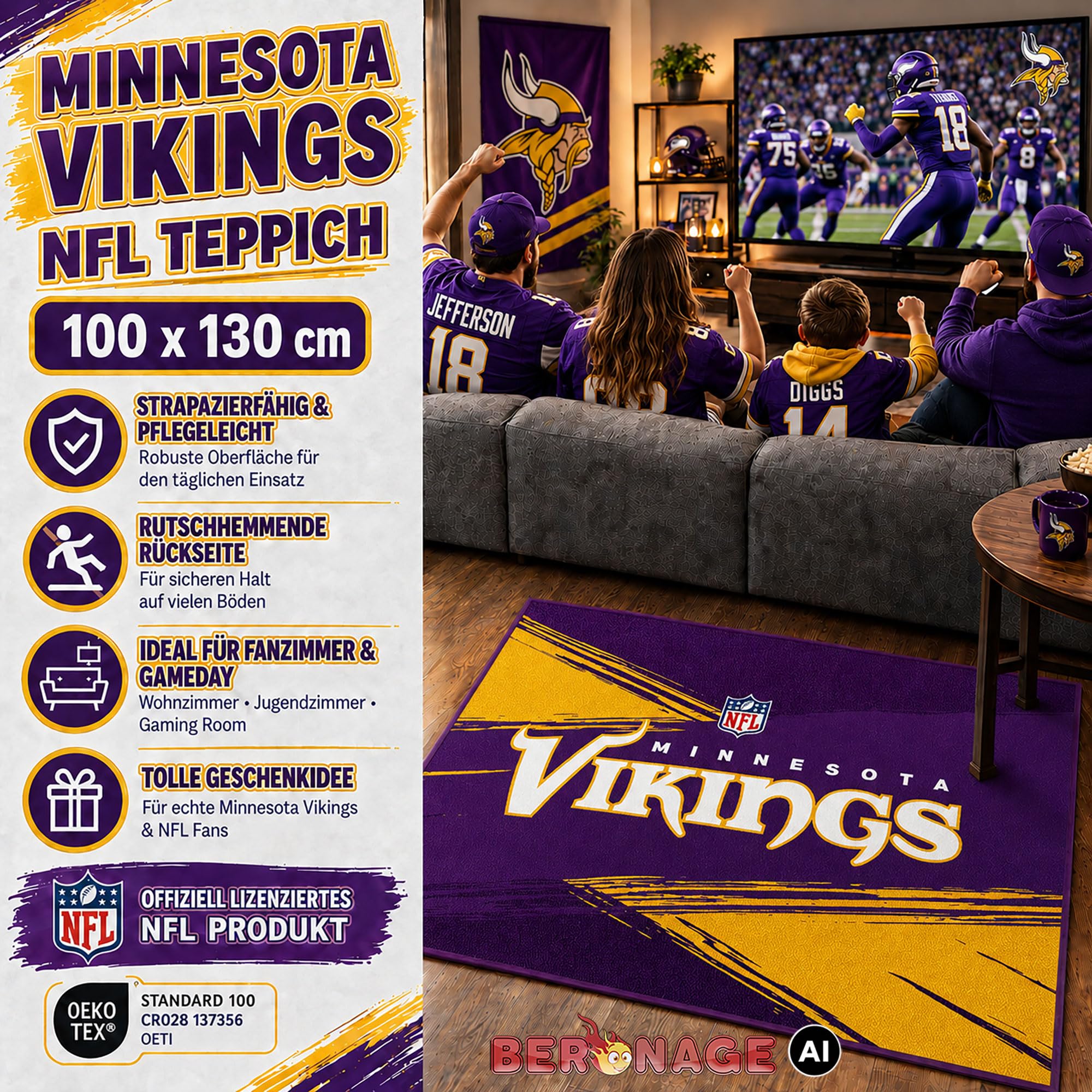 BERONAGE Minnesota Vikings dywan piłkarski NFL 100 x 130 cm - Skol Nation