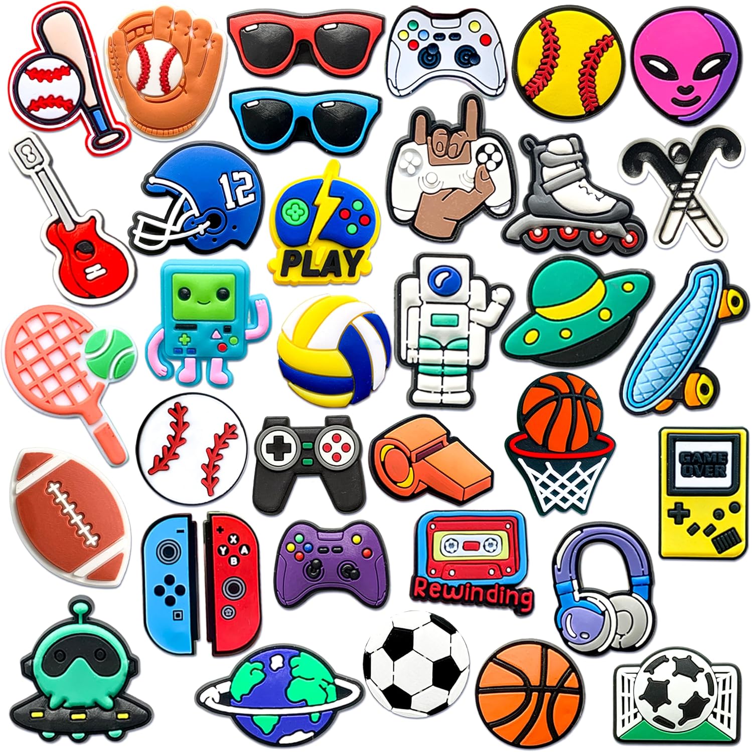 35-Piece Sports & Gaming Shoe Charms for Boys Men Kids Teens & Adults – Basketball Football Soccer Baseball Softball, Video Game, Astronaut & Alien Charms, Durable PVC Shoe Accessories for Clogs and Sandals, Birthday Gift & Party Favor