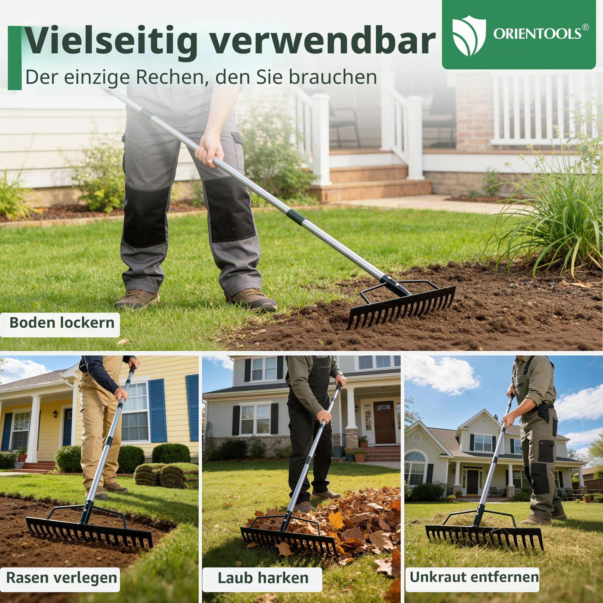 ORIENTOOLS Gartenrechen, schwere Ausführung, 44 cm Breite, 160 cm Stiellänge, 1,7 kg für Boden lockern, Laub rechen, Verlegen von Rollrasen, Rasenpflege, Grün