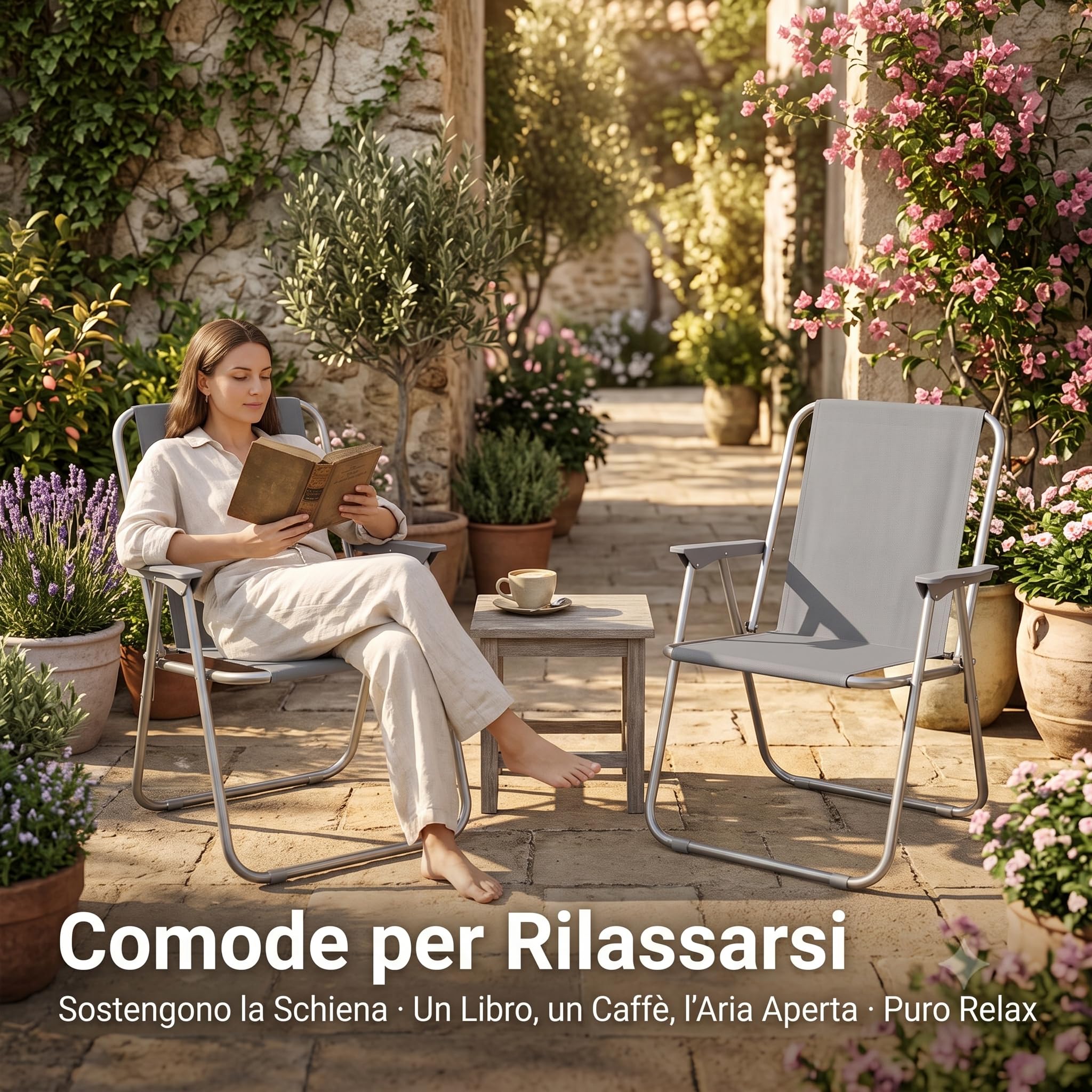 Lemag Set 2 Sedie Relax Grigio con Telaio in Acciaio e Tessuto in Poliestere – Sedie da Giardino Esterno Terrazzo e Campeggio – Comode e Robuste – Sedute per Relax Interno ed Esterno