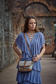 Myra Bag Leaf Swirls Upcycled Canvas Crossbody Bag S-1153, Brown