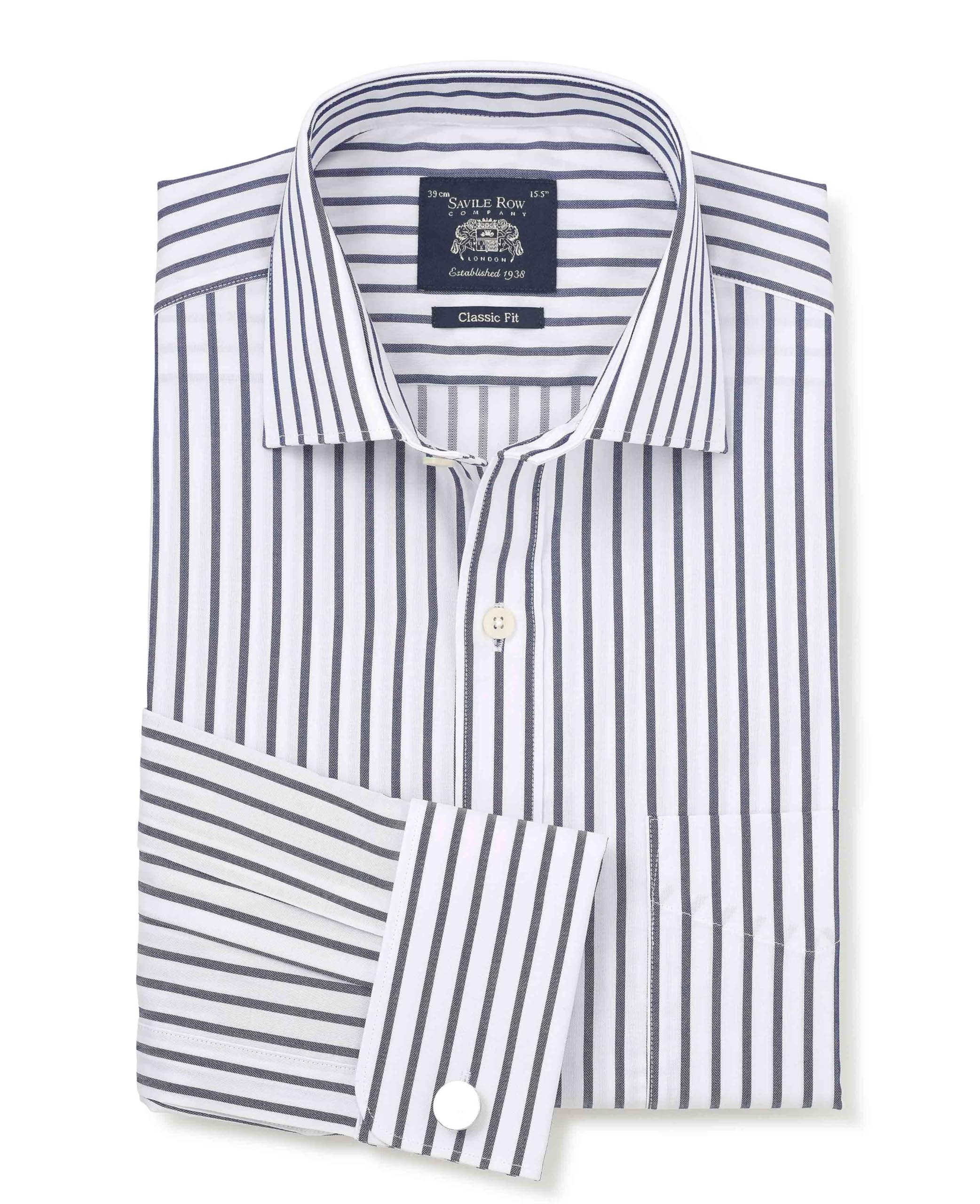 The Savile Row Company London Men's Navy Striped Classic Fit Cotton Poplin Double Cuff Formal Shirt - 19.5" Collar - Standard