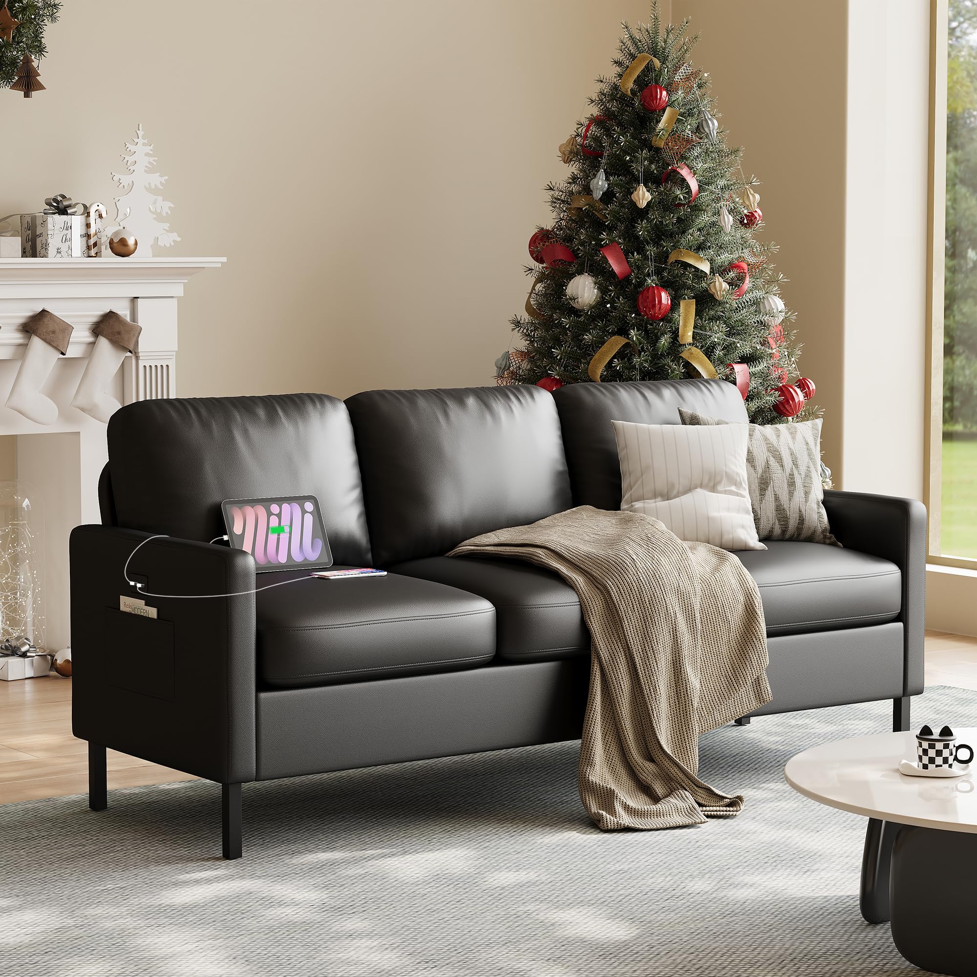 72" W Faux Leather Black Sofa 3 Seat Couch, Modern Comfy Couch with 2 USB, Small Couches for Living Room Apartment Bedroom Small Spaces, Office(Black (Sofa))