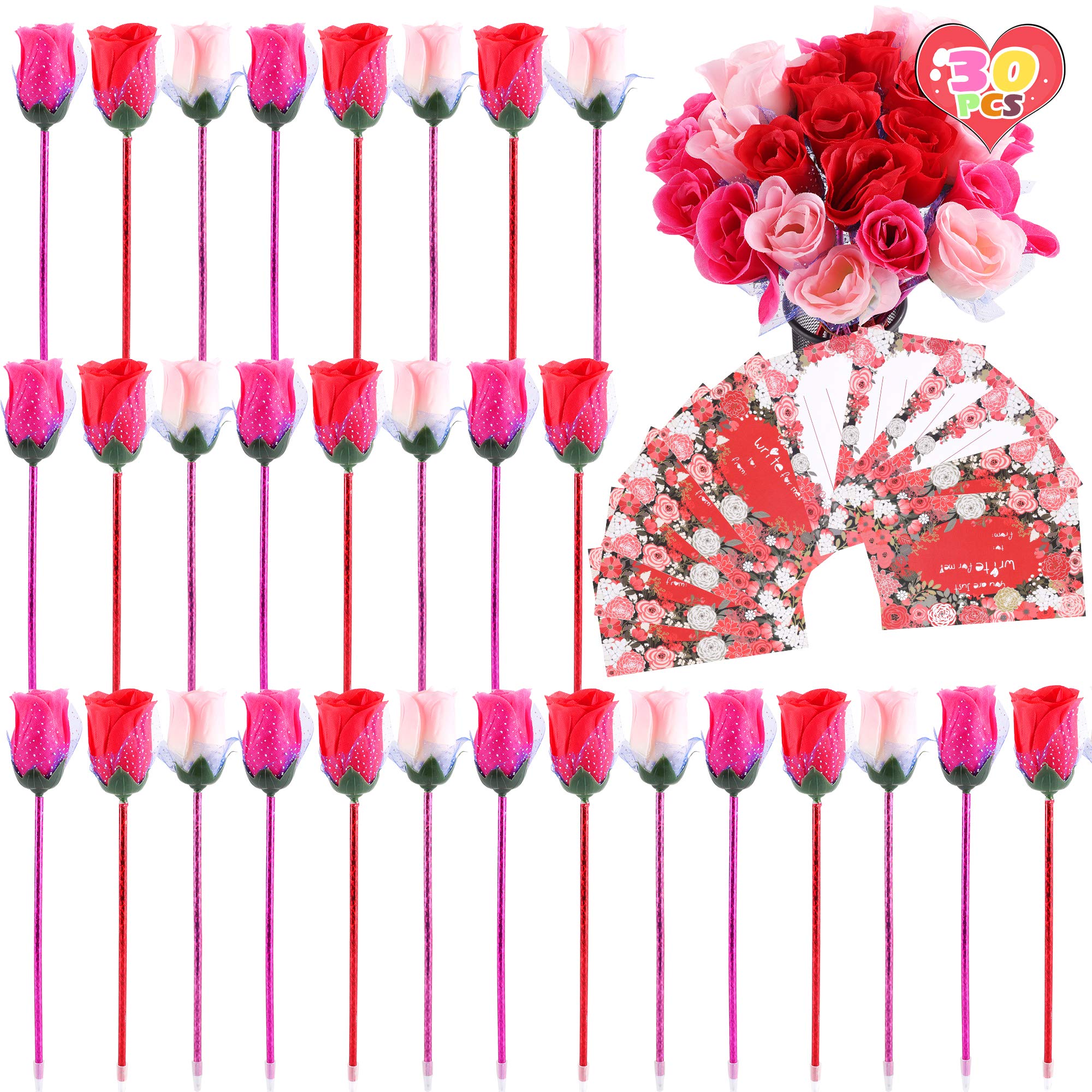 FiGoal 30 Pack Valentine's Day Cute Rose Ballpoint Pen with 30 Valentine's Day Cards Kids Class Stationery Gift Set Student Toy Present Party Favor Goodie Bag Office School Supplies