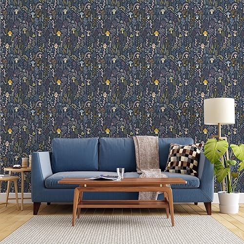 Miniatura 2 de Papel tapiz autoadhesivo extraíble de vinilo de hongos azules para decoración de pared, estilo bohemio, para dormitorio, 17.3 x 118 pulgadas