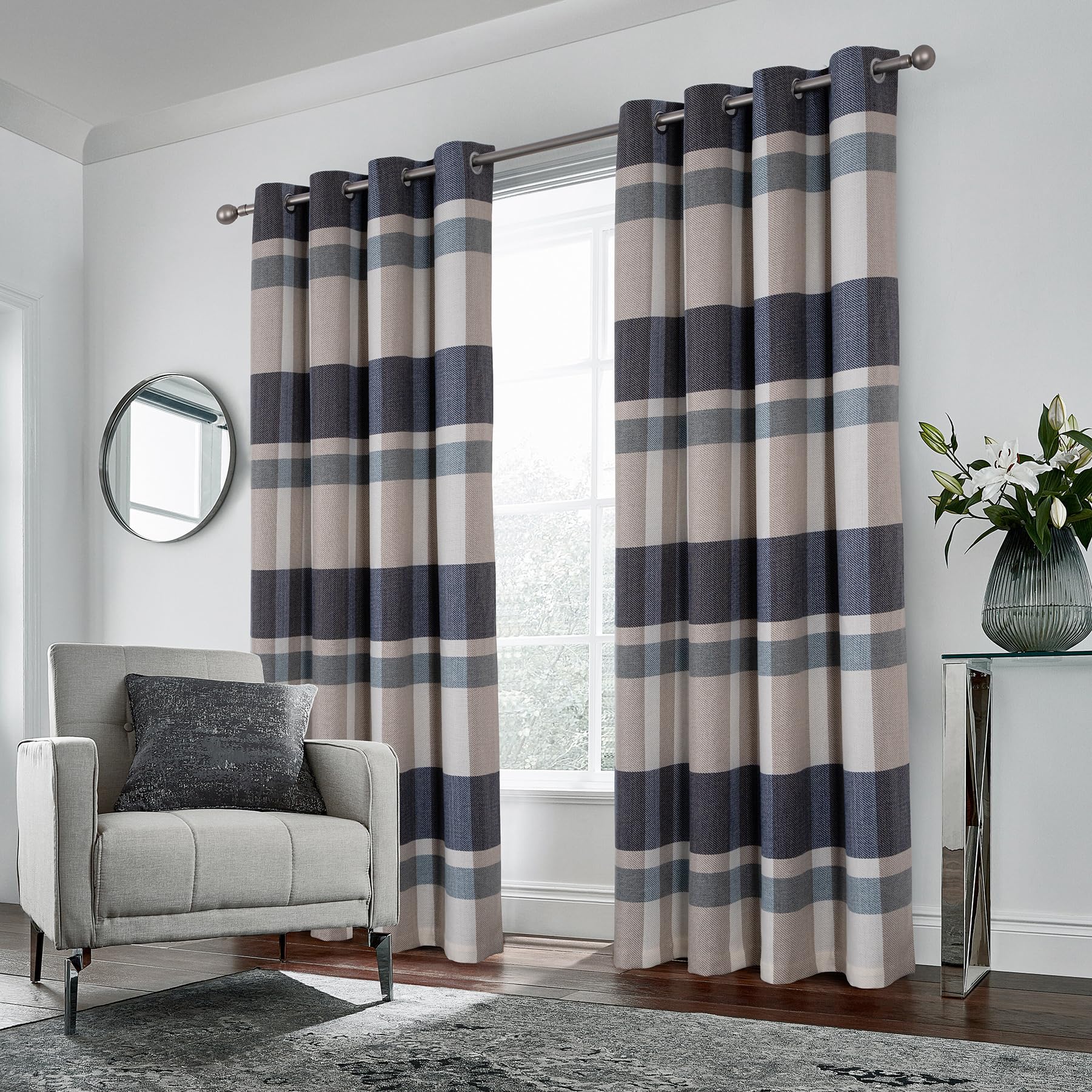 always4u 100% Blackout Curtains Check Eyelet Bedroom Tartan Curtain Plaid Woven Brushed Cheque Pair of Highland Woolen Look Window Treatment for Living Room Dark Blue 90 * 90 Inches - Image 2