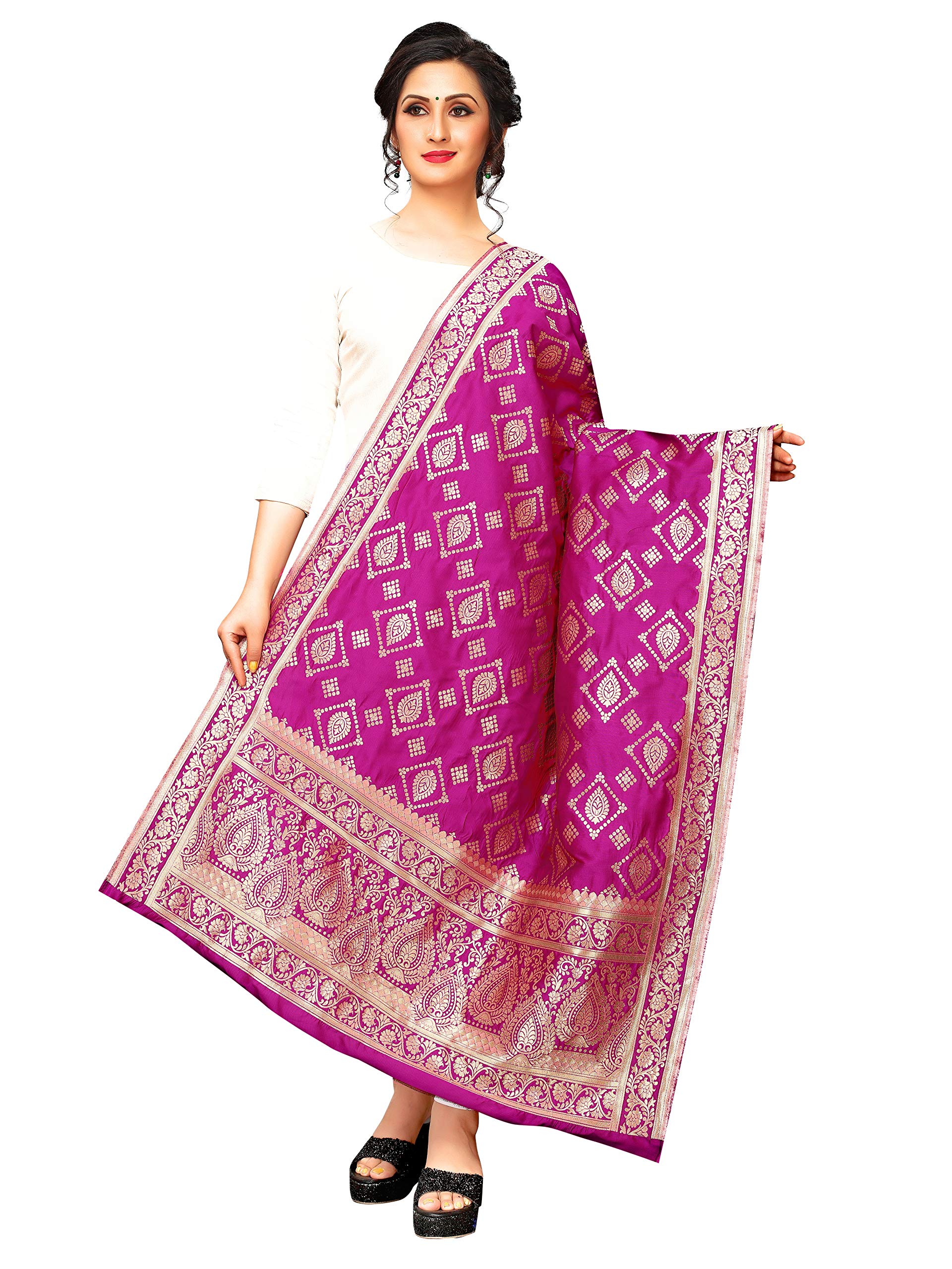 Jenny DesignerWomen's Woven Banarasi Silk Solid Printed Dupatta (2.30 Meter/36 Inch , Pink )