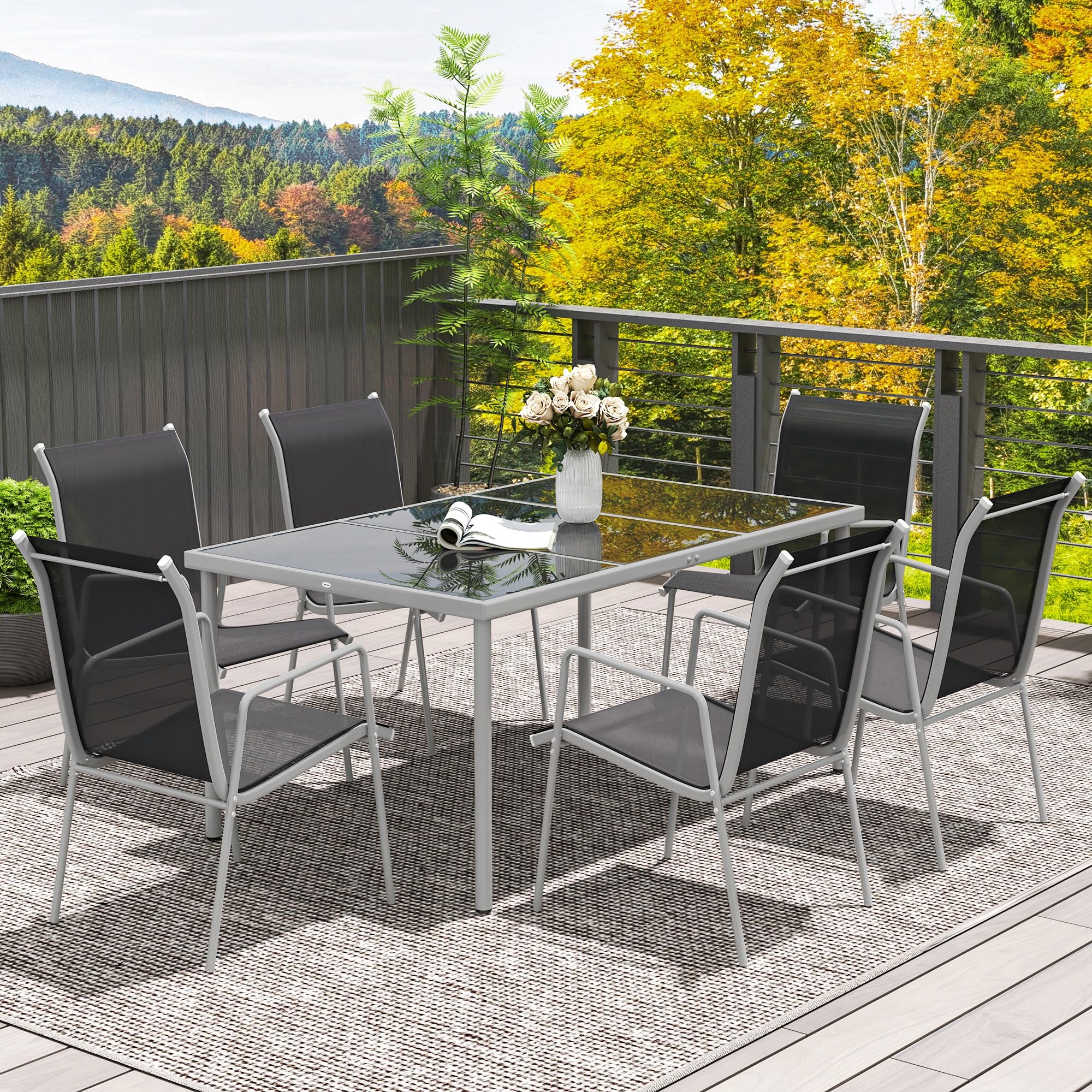 Outsunny Conjunto de Comedor de Exterior Juego de Comedor de Jardín de 7 Piezas con 1 Mesa 6 Sillas Apilables y Marco de Acero para Terraza Patio Negro