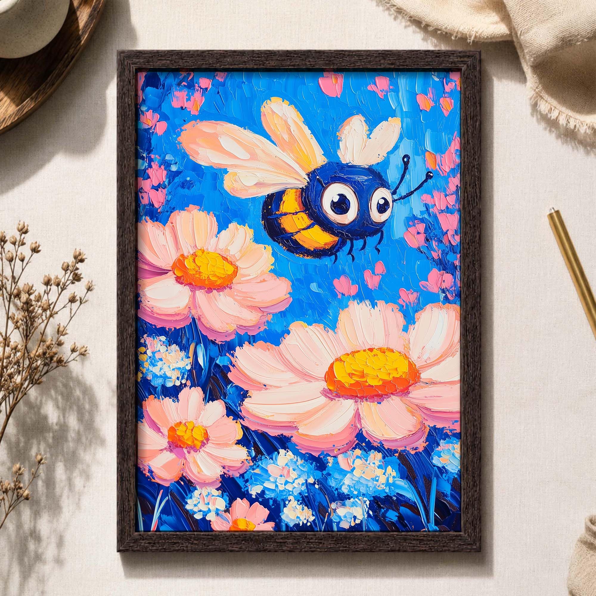 PAPER PAJAMA - Whimsical Bumble Bee and Pink Daisy Floral Garden Framed Wall Art Colorful Nature Illustration Painting for Kids Room Nursery Bedroom Decor - 10x13 Inches 1