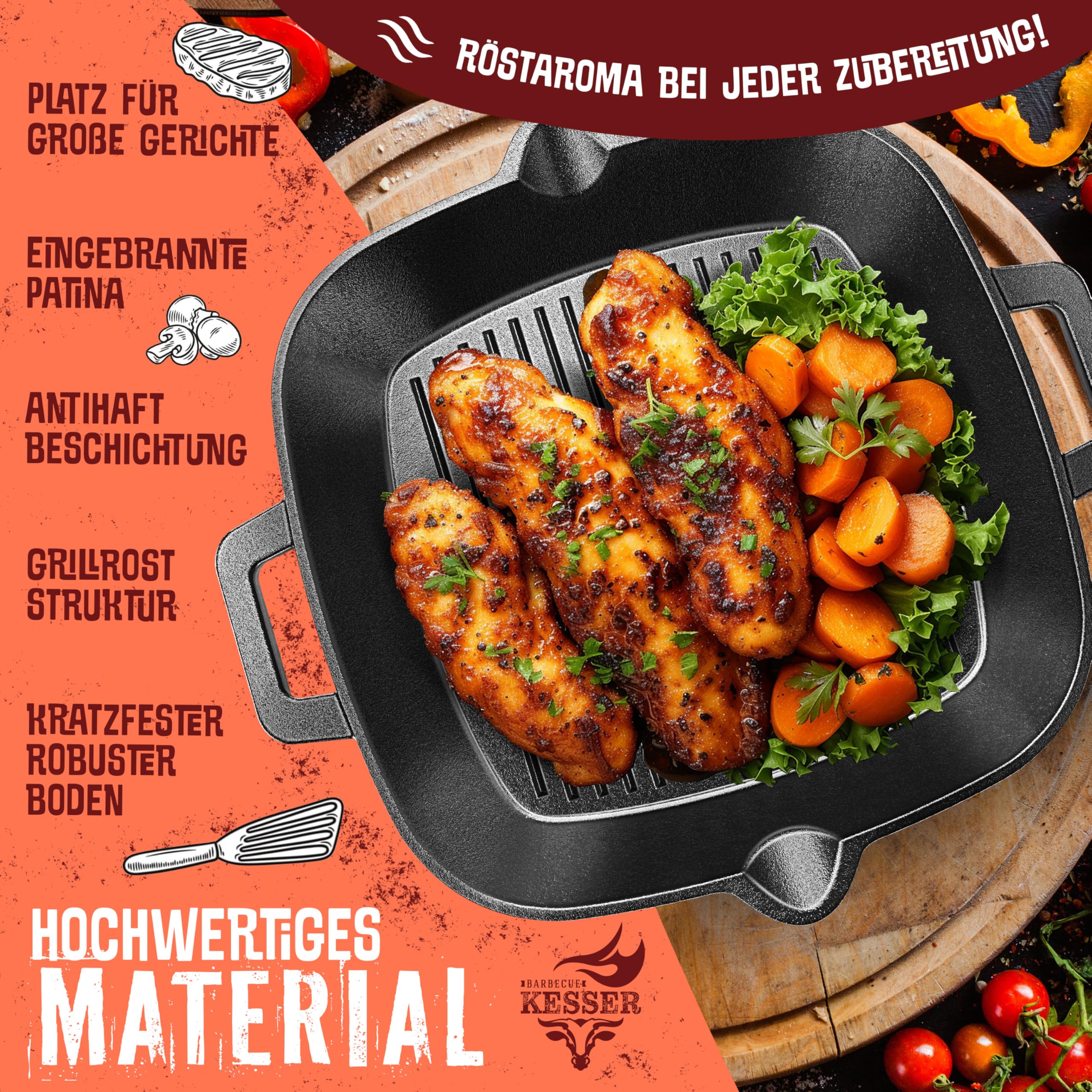 KESSER® Sartén de hierro fundido para inducción de 30 cm, sartén de hierro fundido, sartén para parrilla de gas, horno, parrilla de carbón, sartén para carne, incluye asas protectoras, libro de