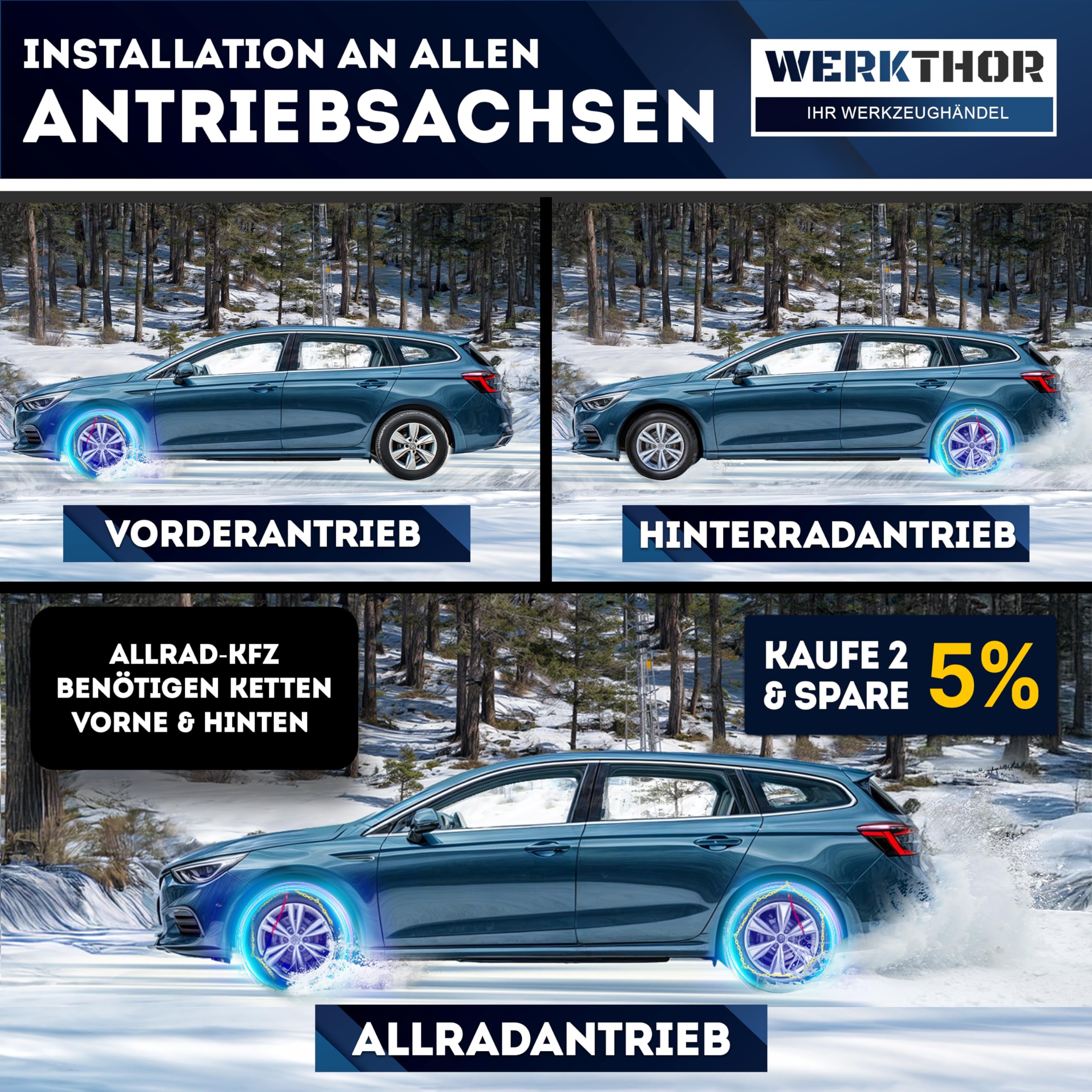 WERKTHOR 2x Schneeketten - Zugelassene Schneeketten für PKW - Einfache Montage & Optimaler Grip - Schneekette aus Metall - Für verschiedenen Reifengrößen (WT 110)